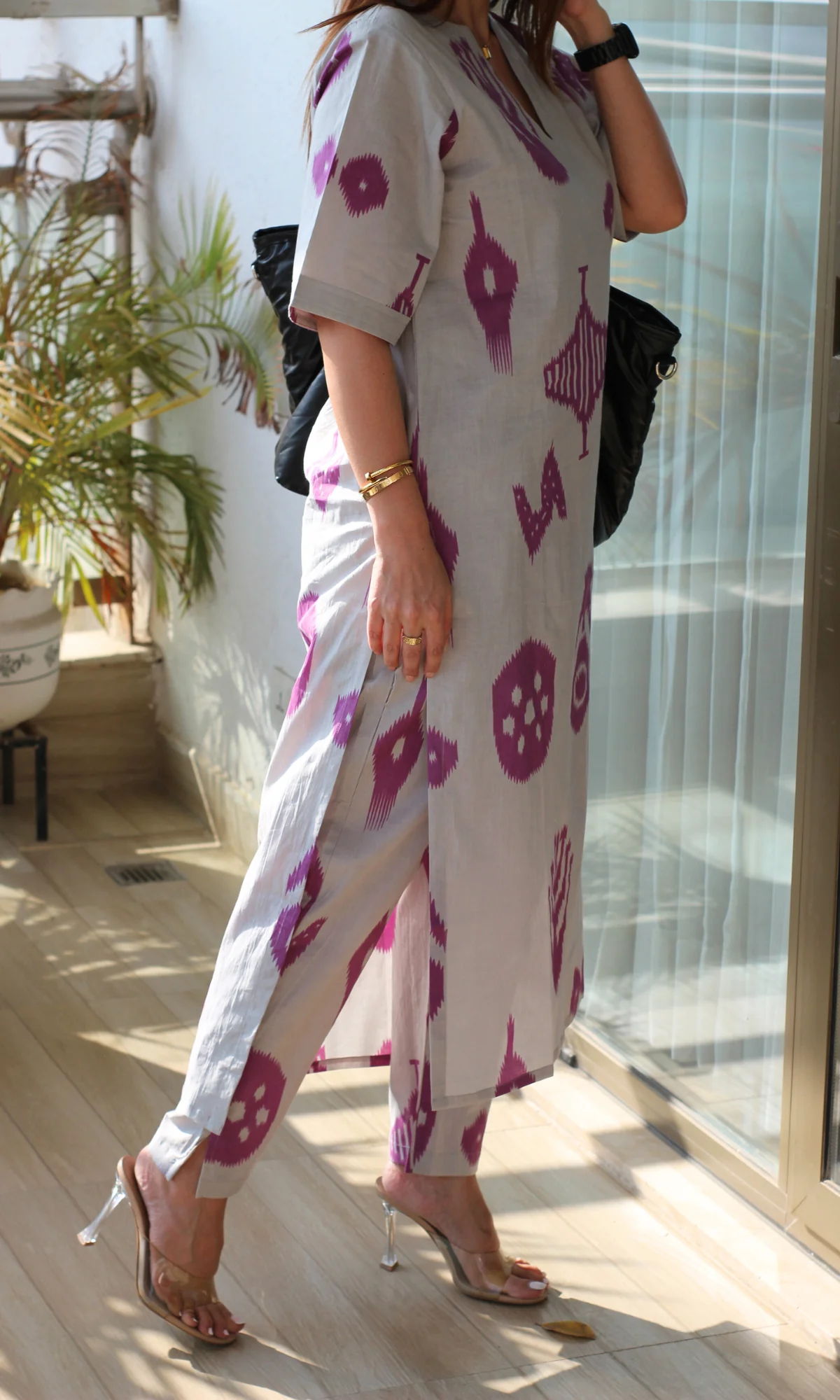 Ash Blue & Purple Nomad Print Cotton Low High Style Co-ord - Image 4