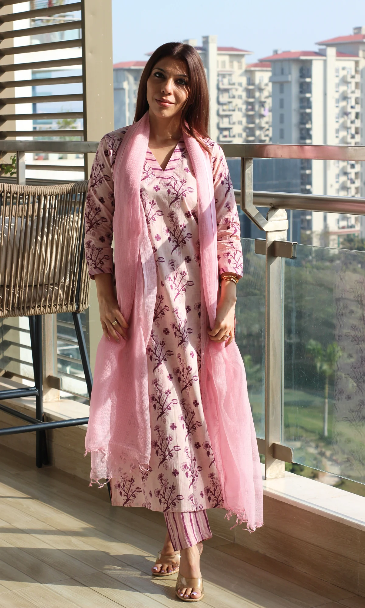 Baby Pink Floral Kurta, Striped Pants & Soft Kota Doria Dupatta - Image 4