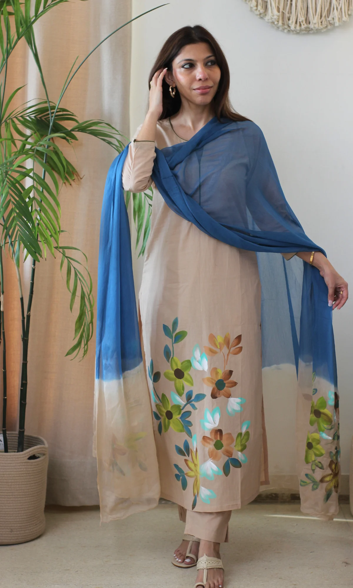 Beige & Blue Symphony Handbrush Painted Kurta, Cotton Pants & Chiffon Ombre Handpainted Dupatta - Image 4