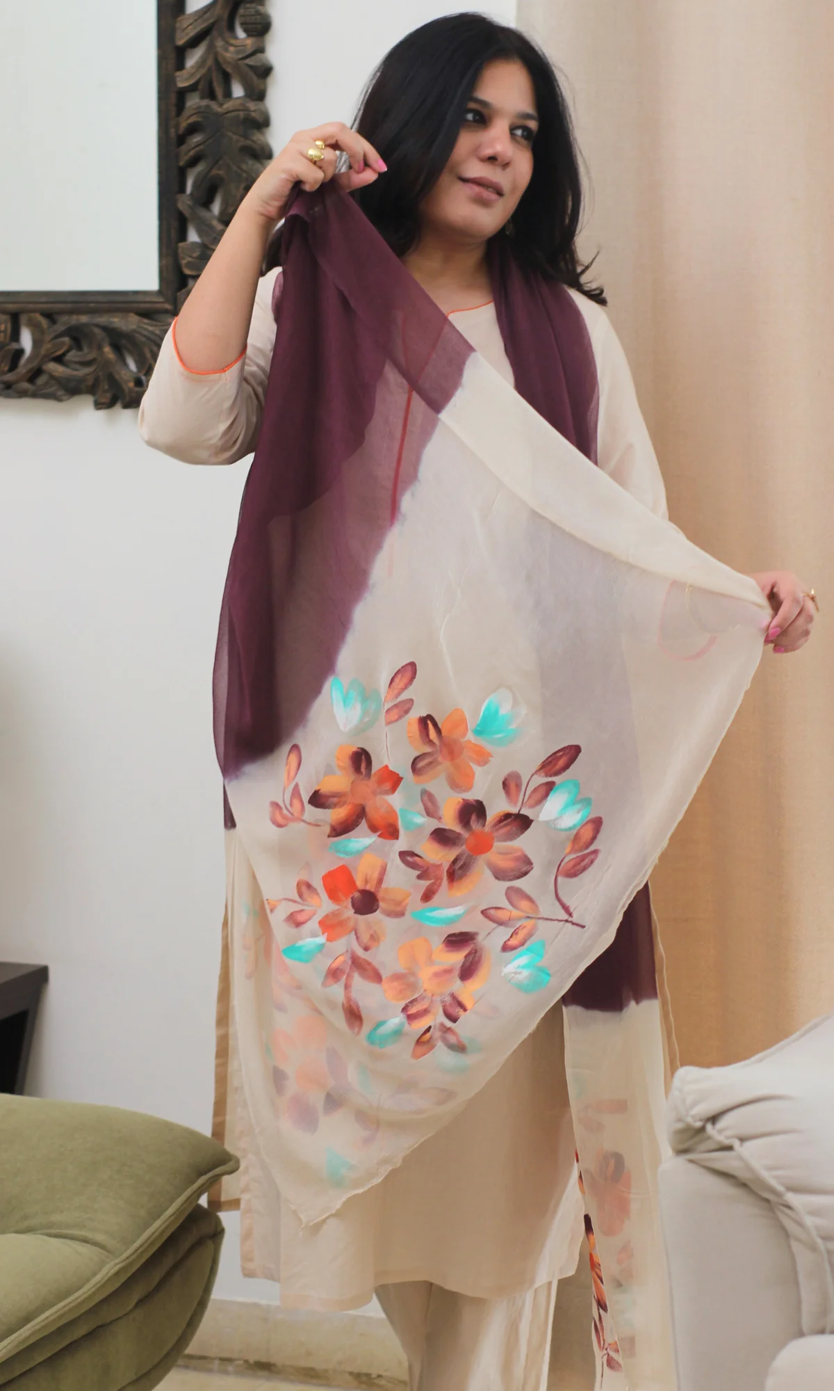 Beige & Wine Symphony Handbrush Painted Kurta, Cotton Pants & Chiffon Ombre Handpainted Dupatta - Image 2