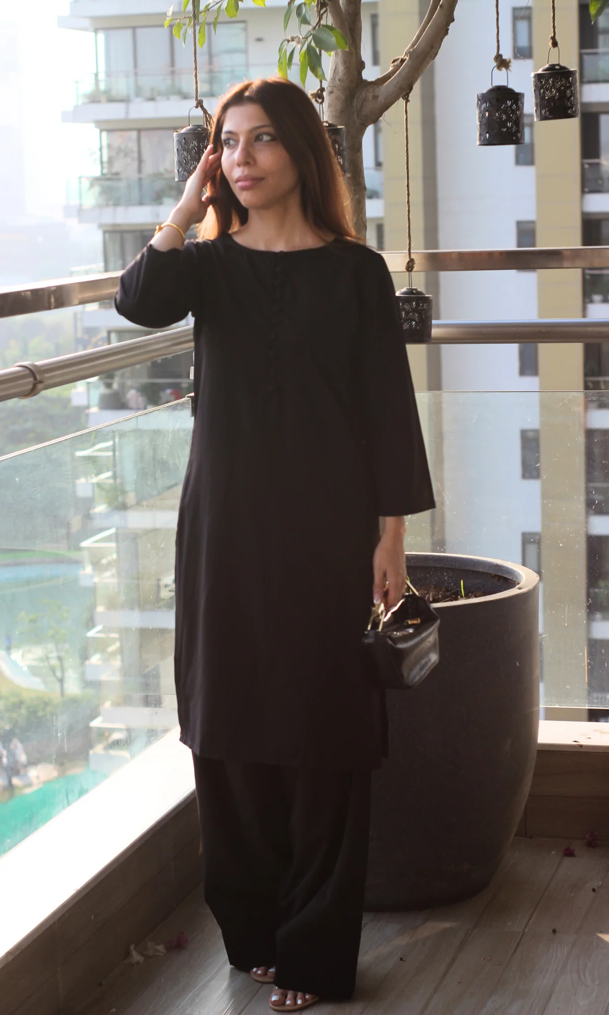 Black Glossy Boat Neck Buttoned Kurta with Farshi Salwaar - Image 4