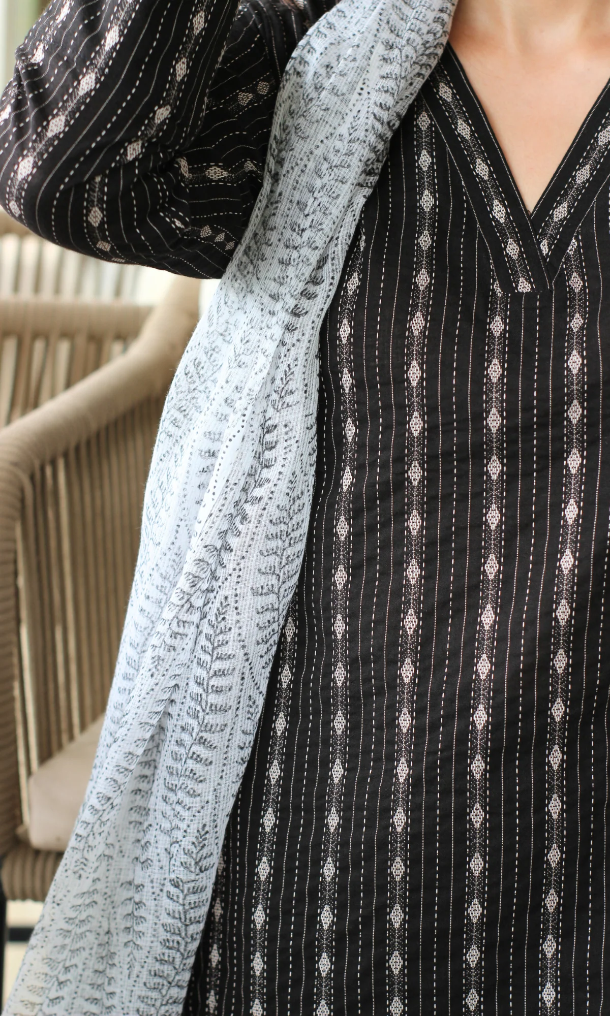 Black Kantha Kurta, Pant & Kota Doria Handblock Printed Dupatta - Image 6