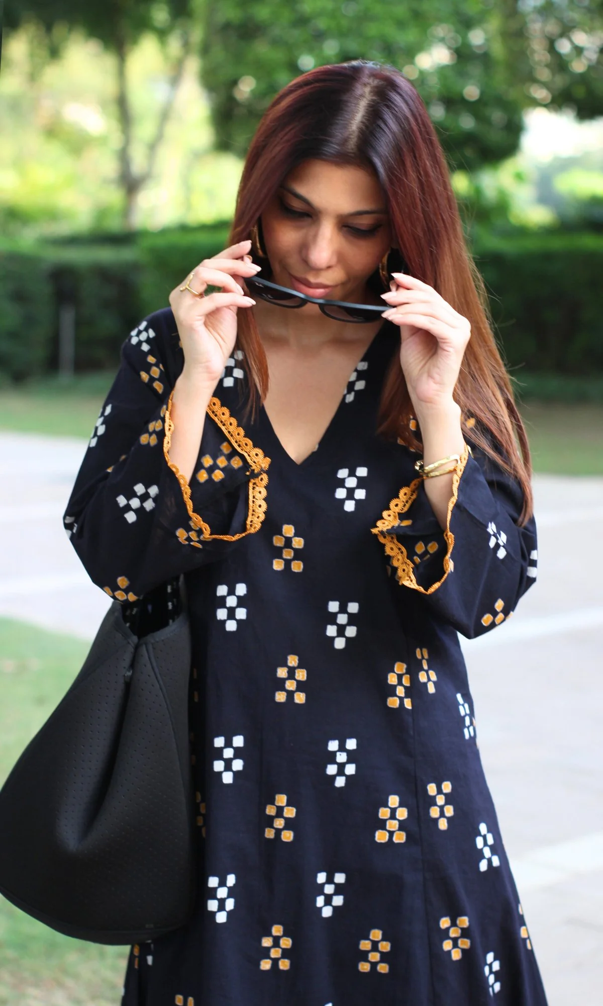 Black & Mustard High Low A line Kurta & Pallazo - Image 3