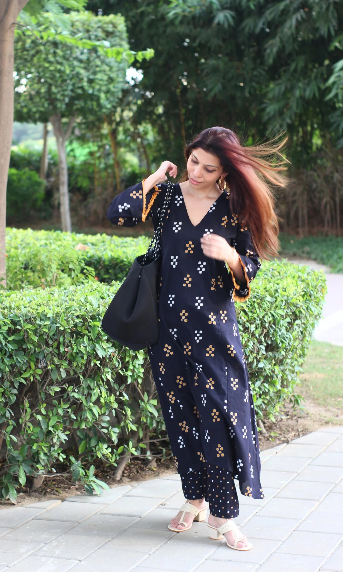 Black & Mustard High Low A line Kurta & Pallazo - Image 4