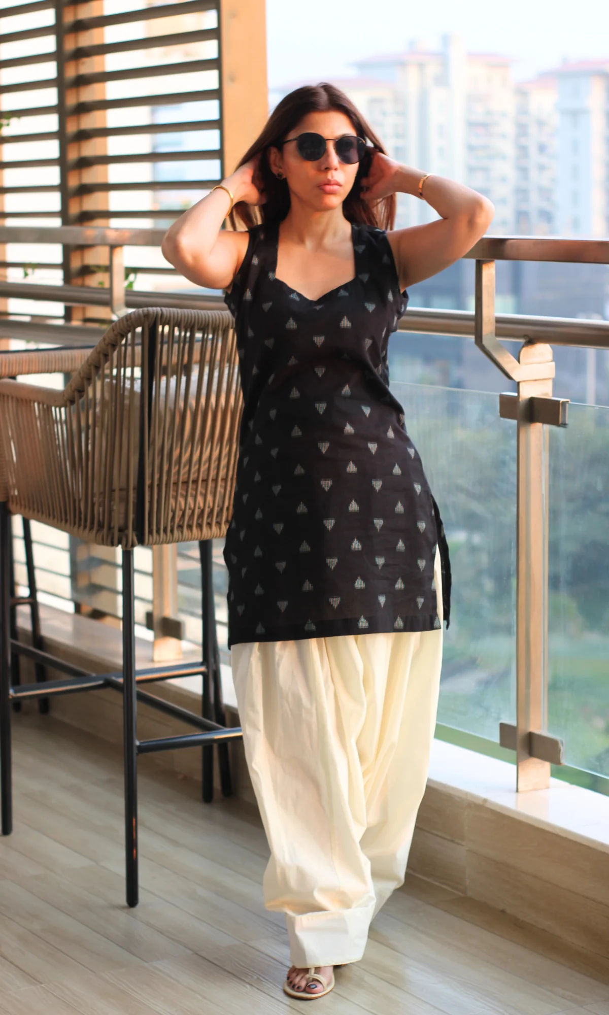 Black Square Neck Ikat Kurta with Cotton Farshi - Image 2