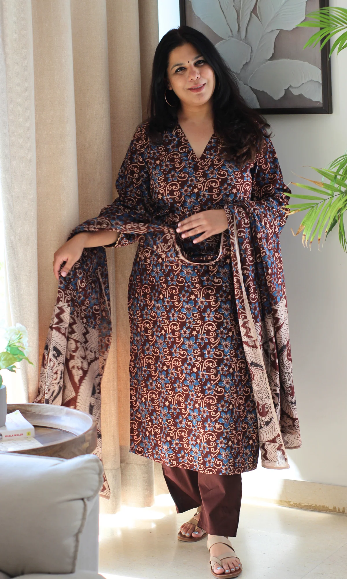 Brick Rust & Blue Handblock Kalamkari Kurta , Dupatta & Cotton Pants - Image 2