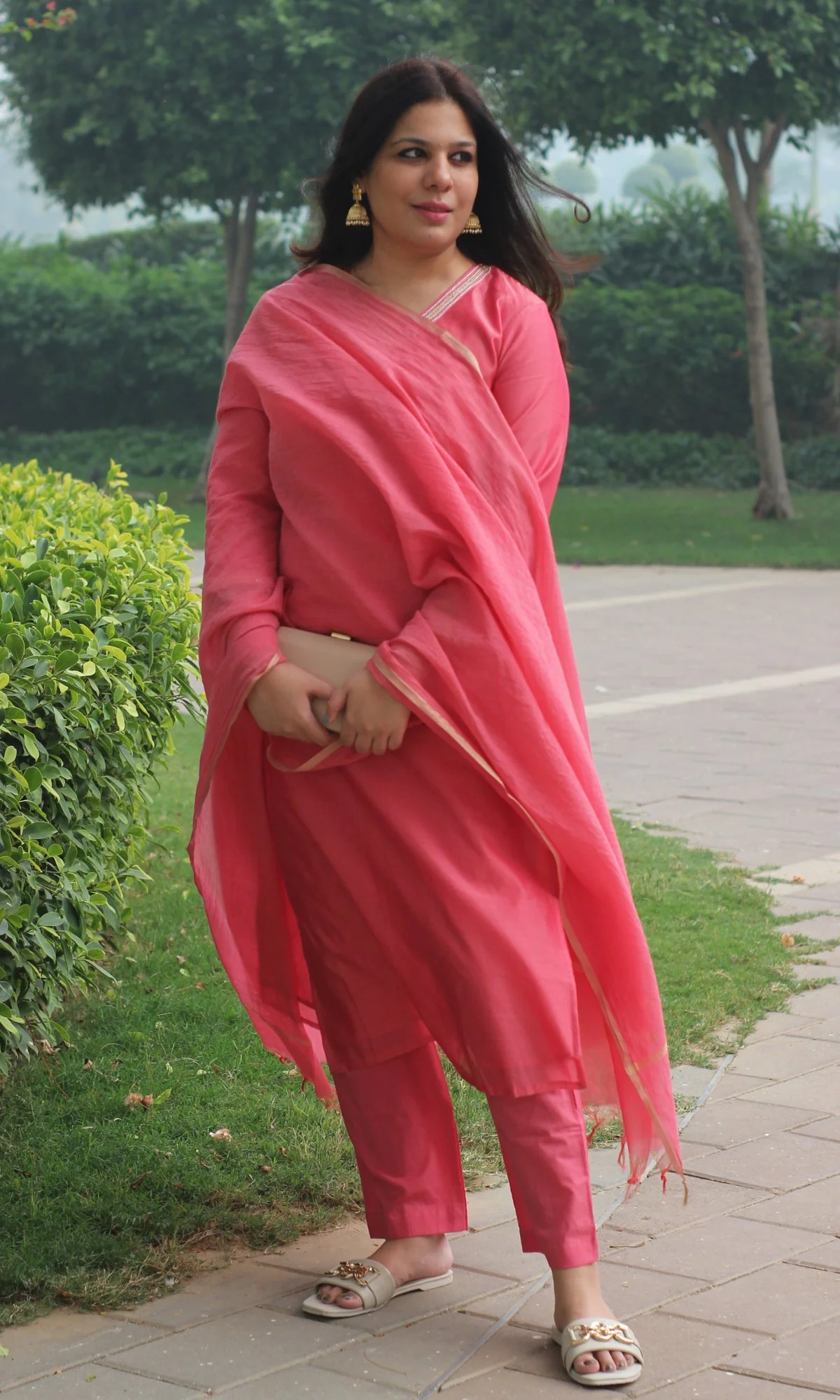 Chanderi Silk Fuchsia Handbead and Sequin Work Kurta and Dupatta with Cotton Pants - Image 3