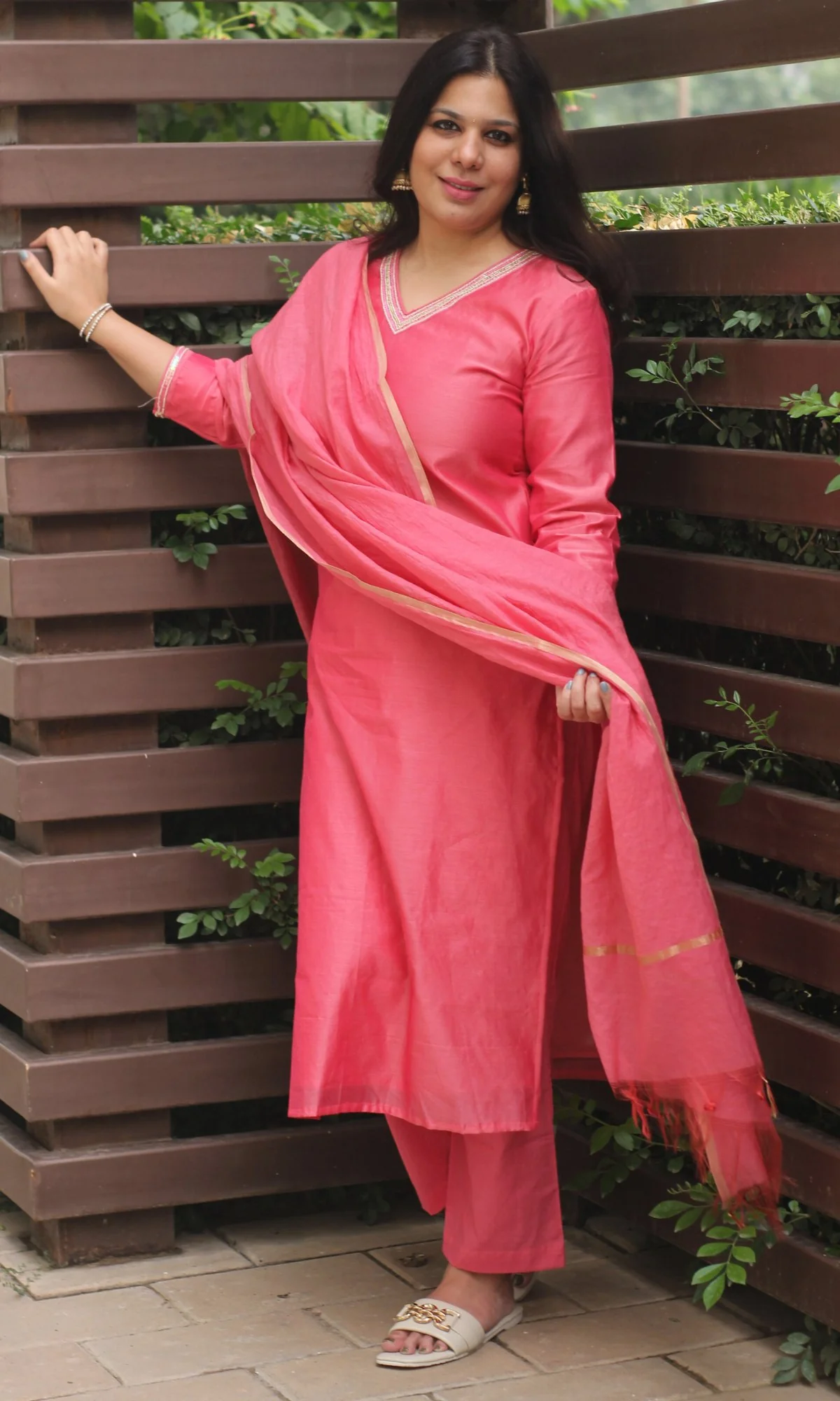 Chanderi Silk Fuchsia Handbead and Sequin Work Kurta and Dupatta with Cotton Pants - Image 4