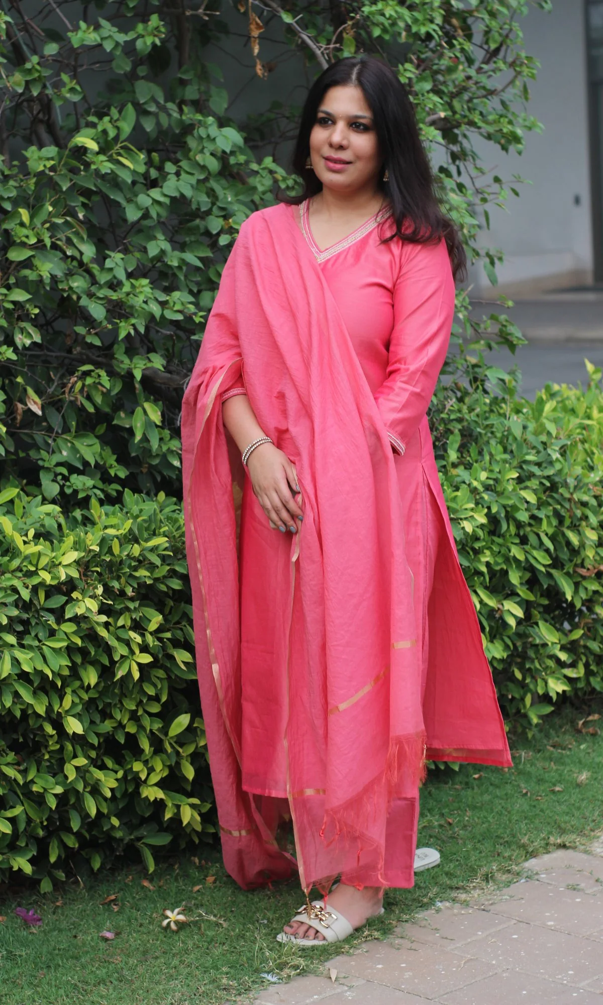 Chanderi Silk Fuchsia Handbead and Sequin Work Kurta and Dupatta with Cotton Pants - Image 5