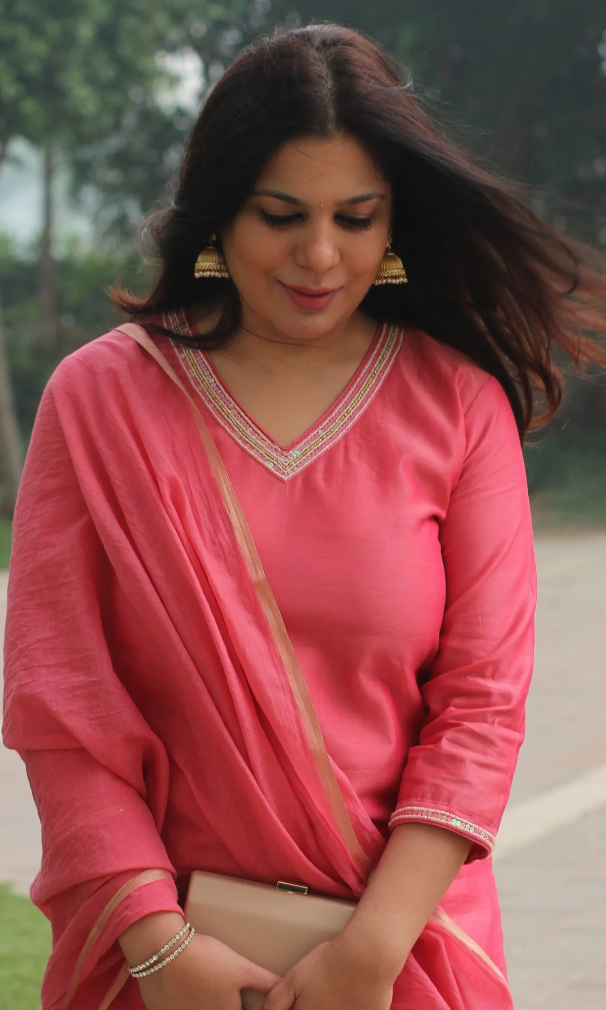 Chanderi Silk Fuchsia Handbead and Sequin Work Kurta and Dupatta with Cotton Pants - Image 6