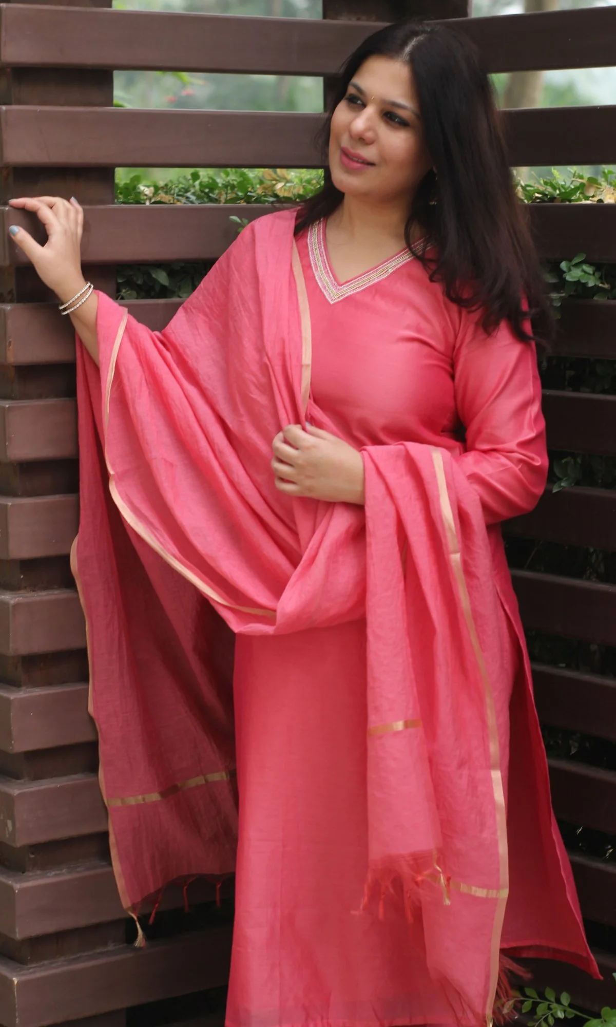 Chanderi Silk Fuchsia Handbead and Sequin Work Kurta and Dupatta with Cotton Pants - Image 7