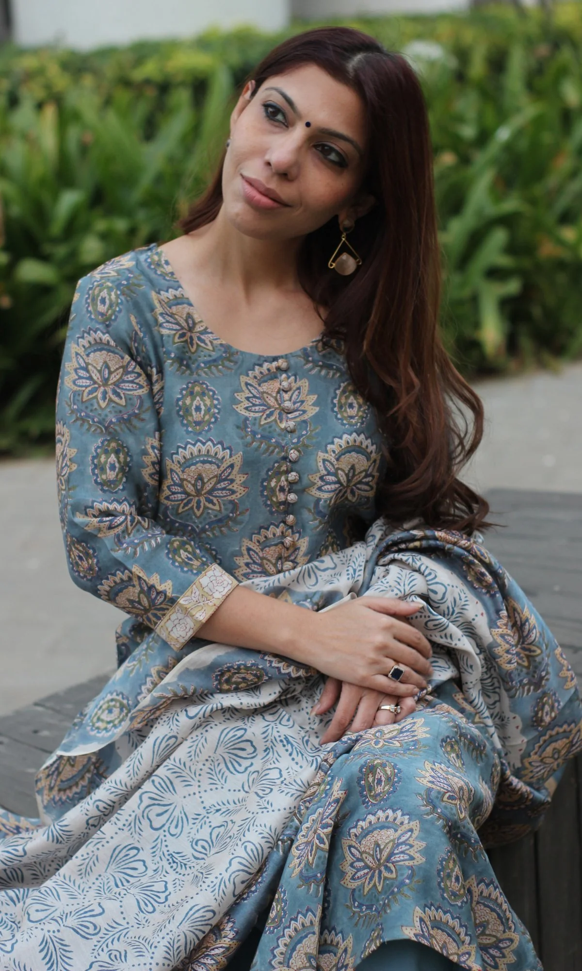 Chanderi Silk Handblock Blue Kurta and Dupatta with Cotton Pants - Image 3