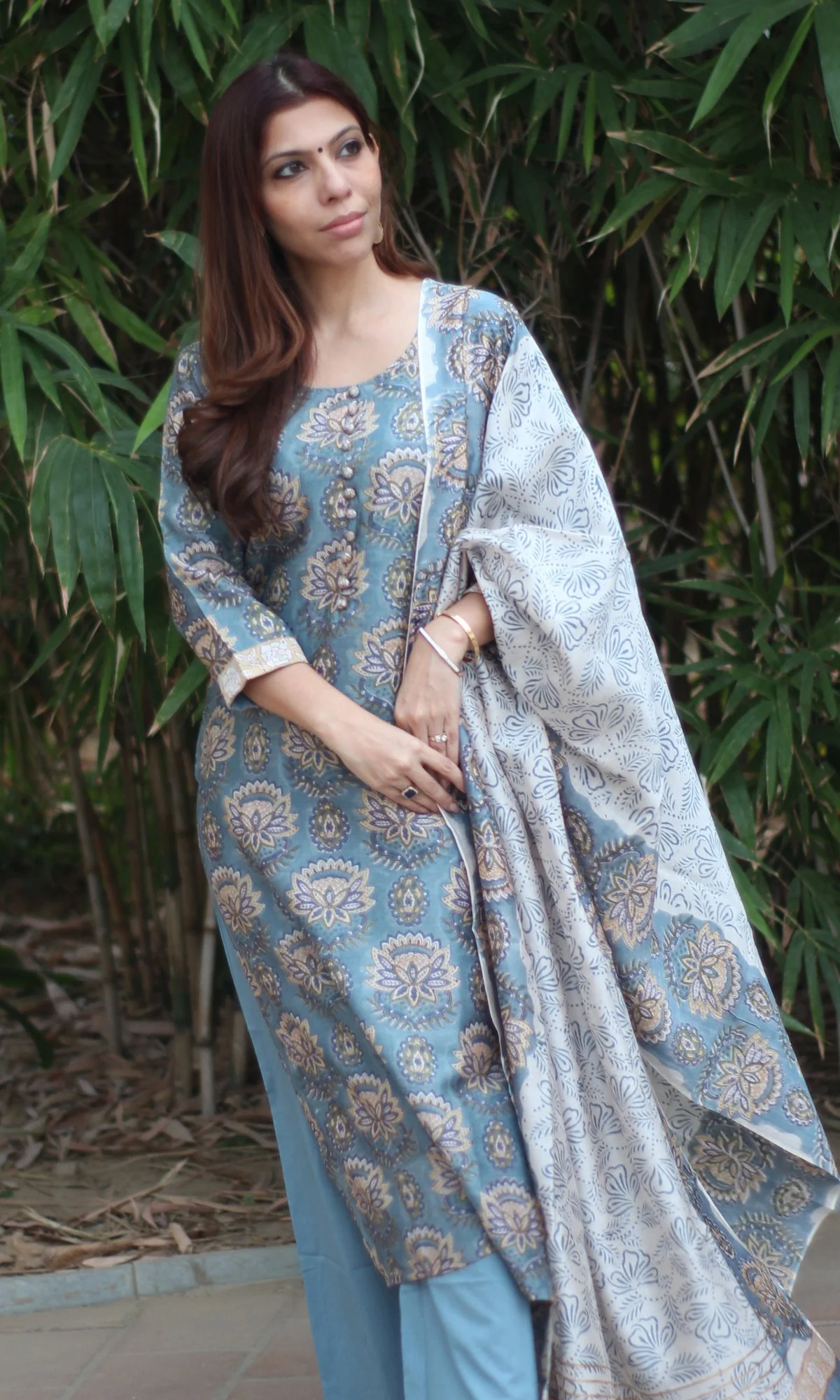 Chanderi Silk Handblock Blue Kurta and Dupatta with Cotton Pants - Image 5