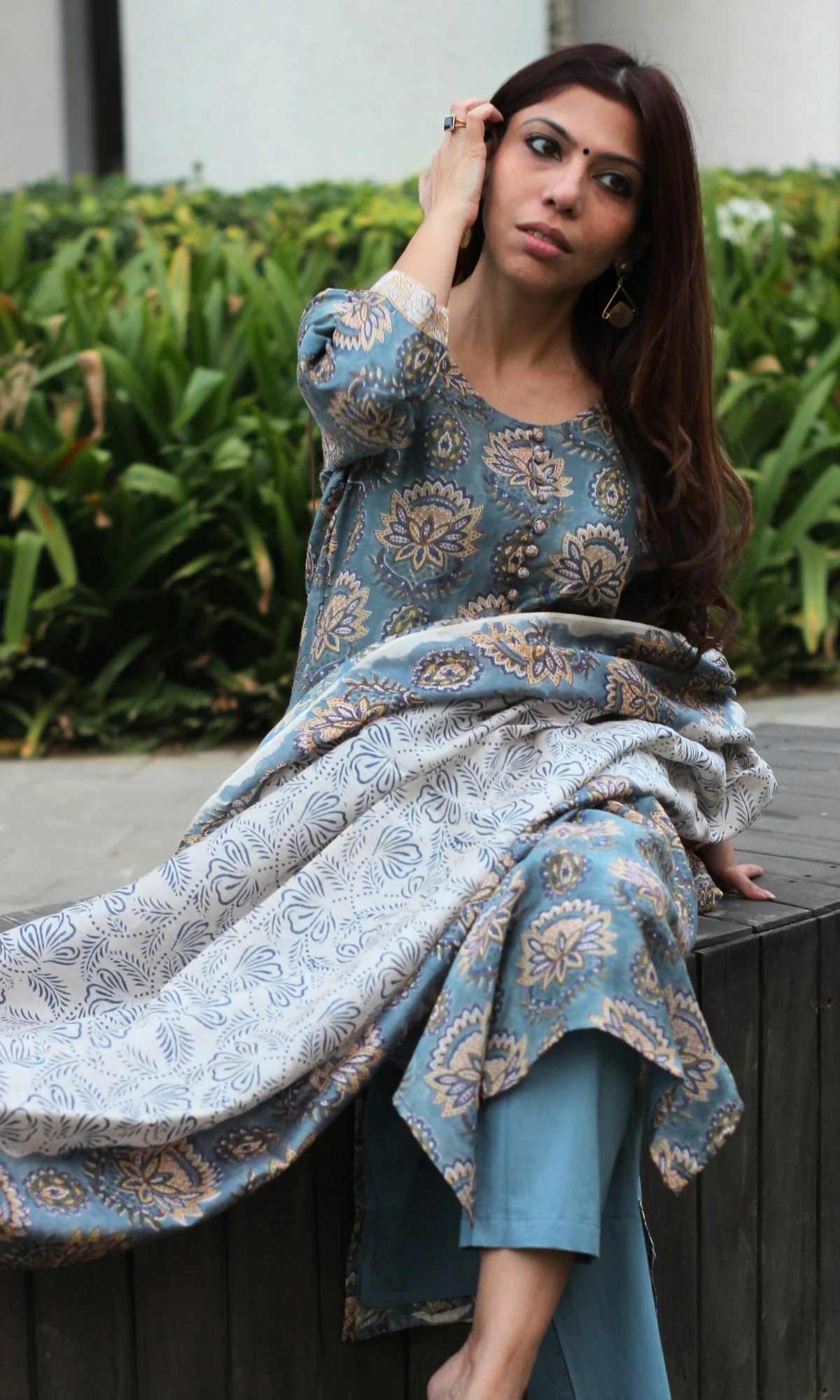 Chanderi Silk Handblock Blue Kurta and Dupatta with Cotton Pants - Image 7