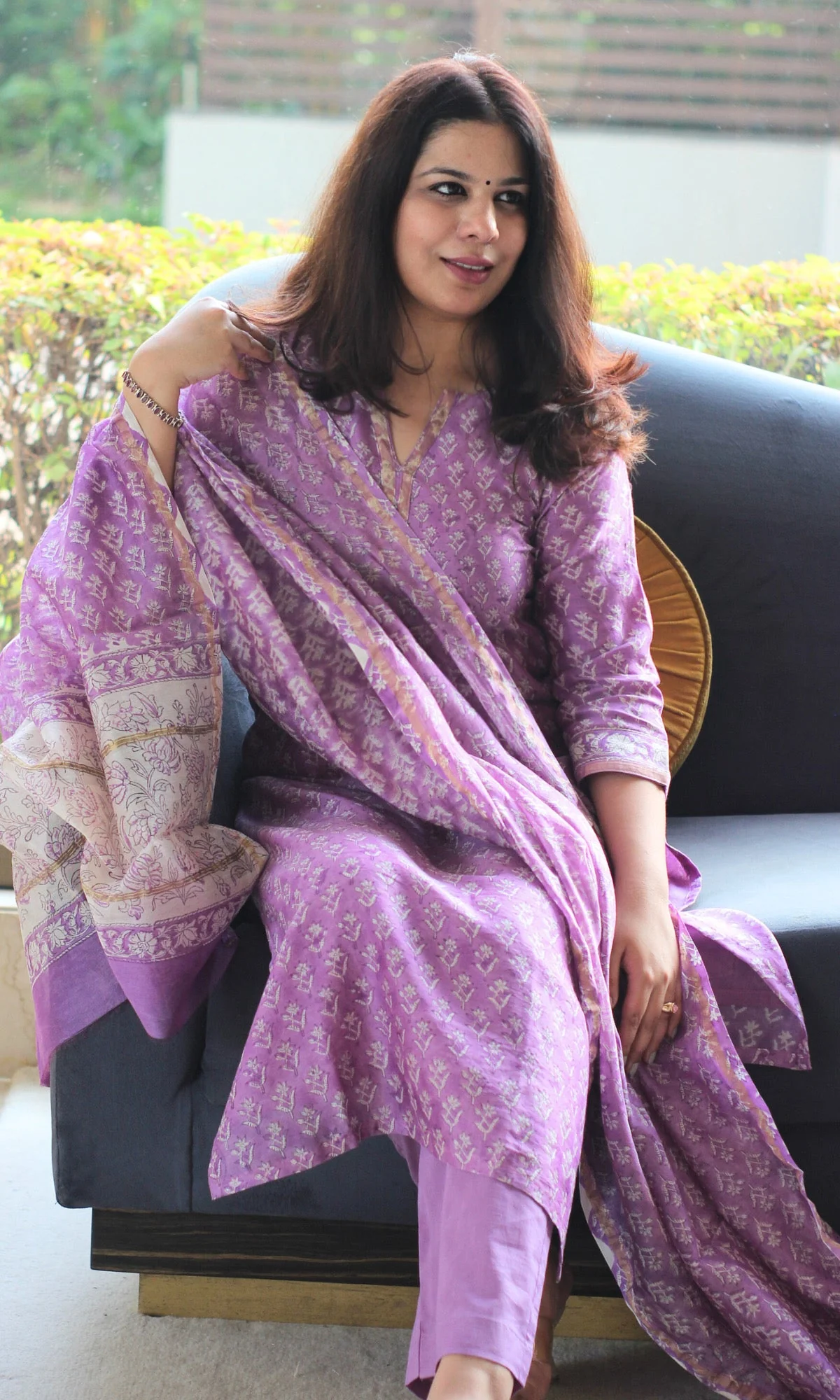 Chanderi Silk Handblock Purple Kurta and Dupatta with Cotton Pants - Image 4