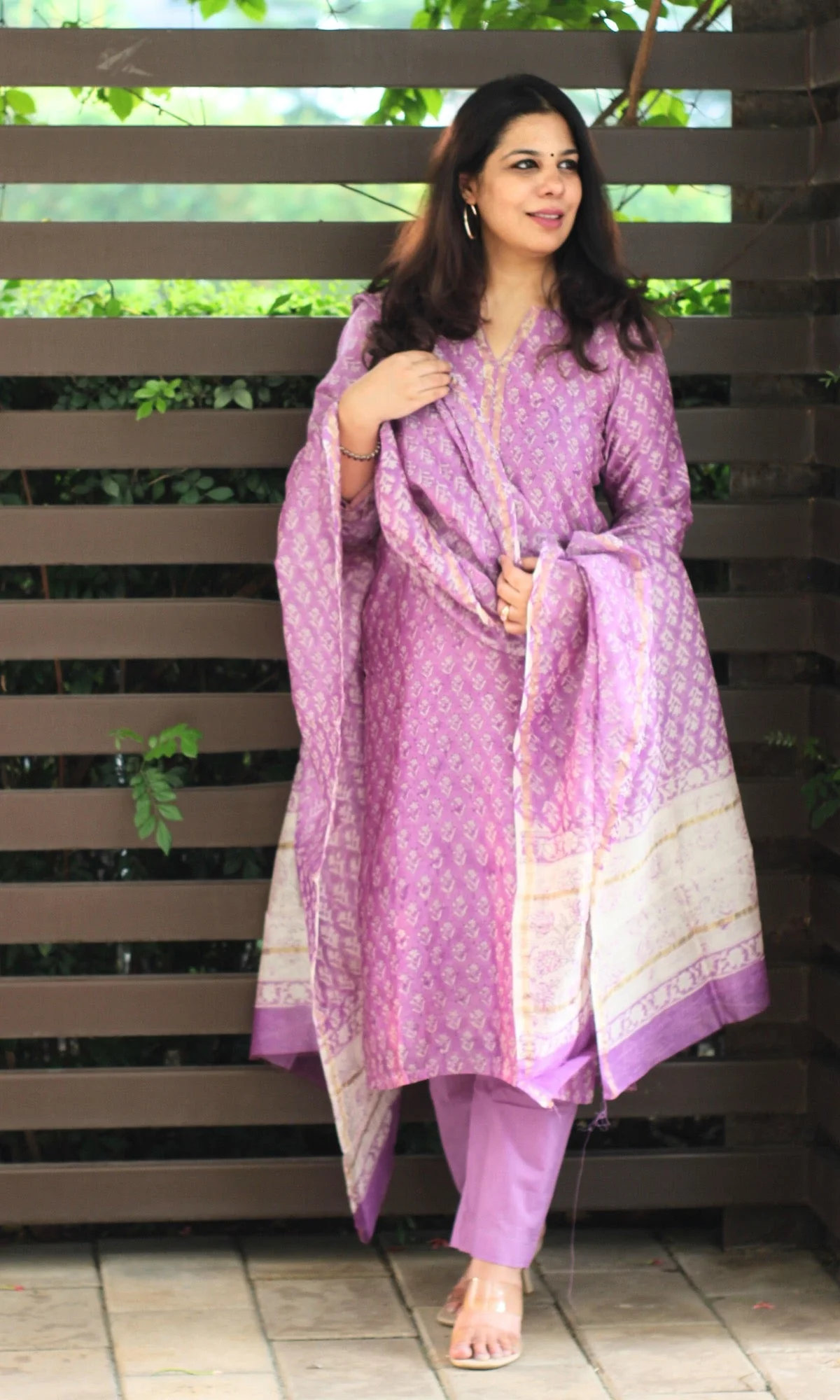 Chanderi Silk Handblock Purple Kurta and Dupatta with Cotton Pants - Image 5