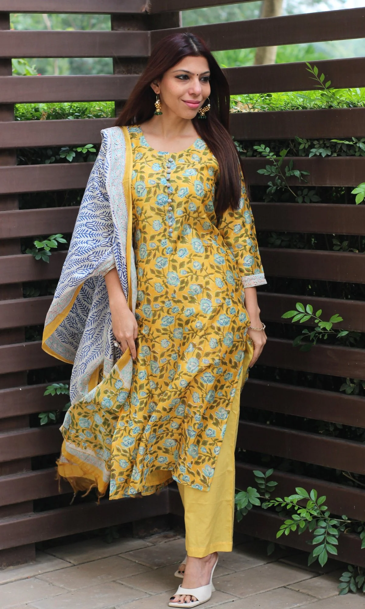 Chanderi Silk Handblock Yellow Kurta and Dupatta with Cotton Pants - Image 3