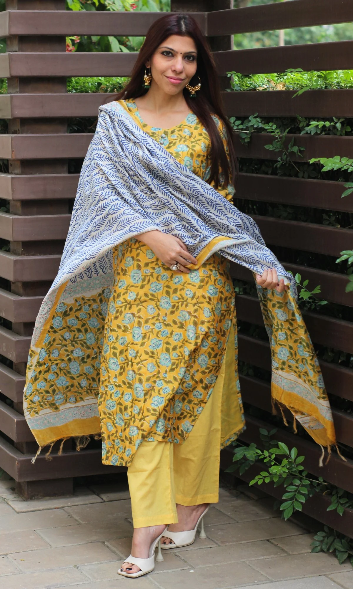 Chanderi Silk Handblock Yellow Kurta and Dupatta with Cotton Pants - Image 4