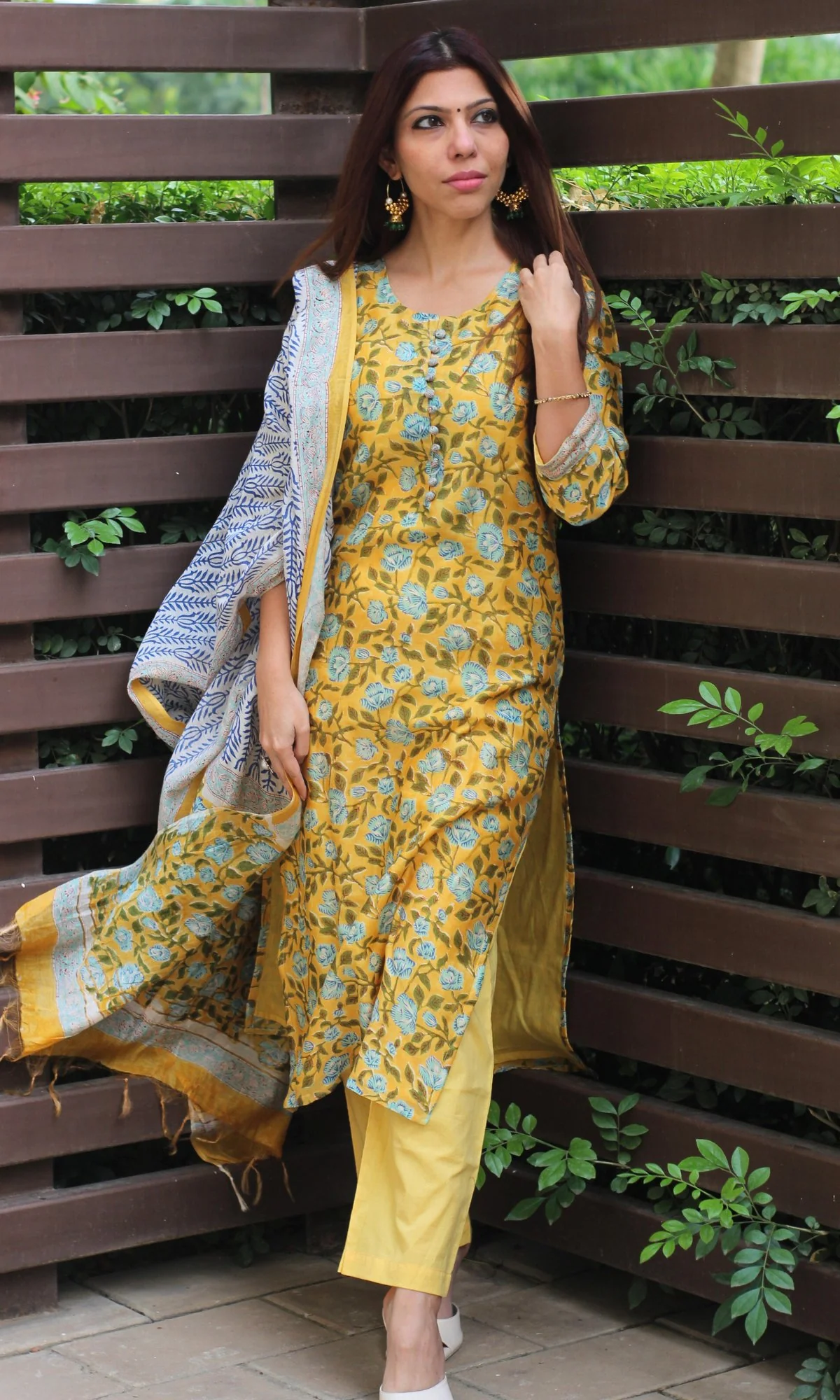Chanderi Silk Handblock Yellow Kurta and Dupatta with Cotton Pants - Image 5