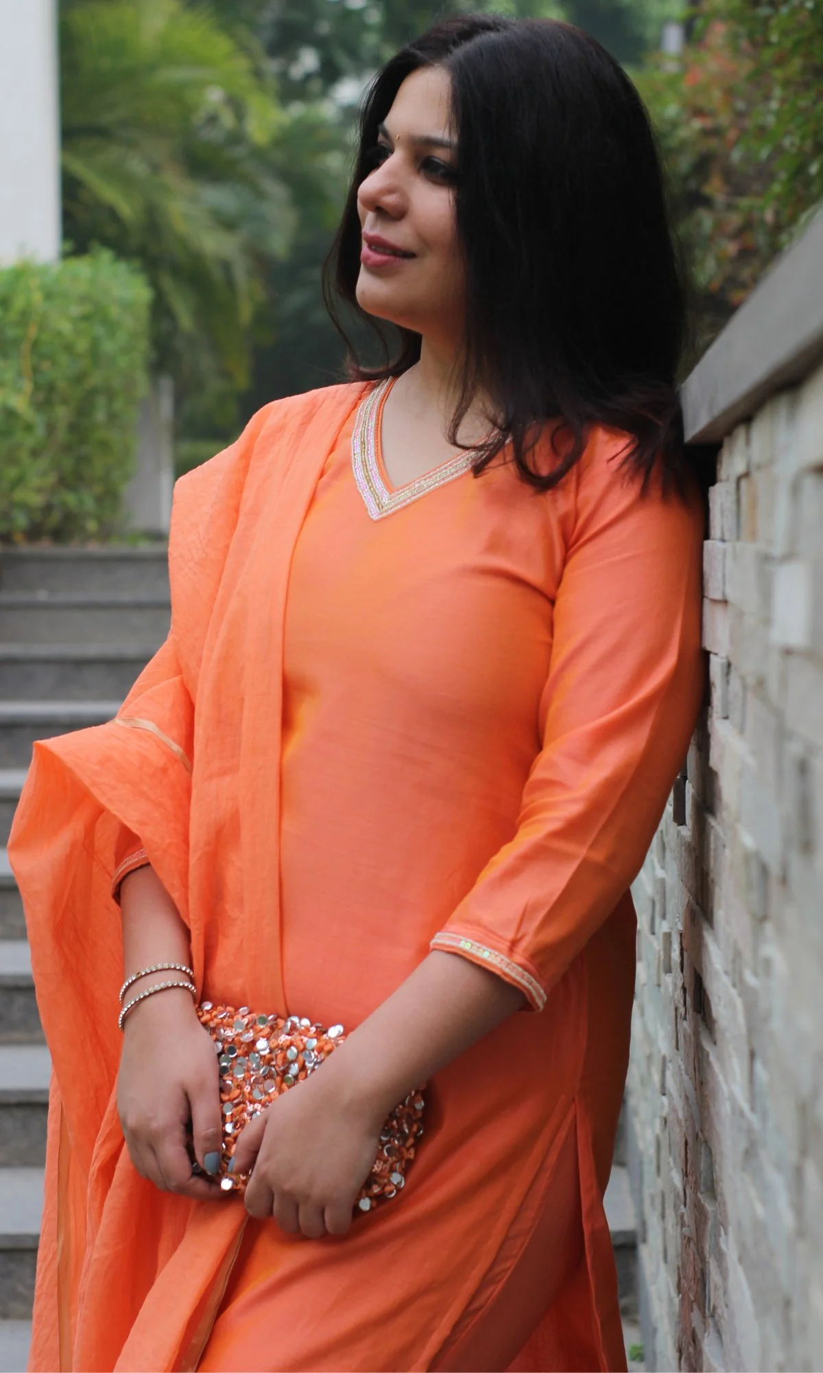 Chanderi Silk Orange Handbead and Sequin Work Kurta and Dupatta with Cotton Pants - Image 3