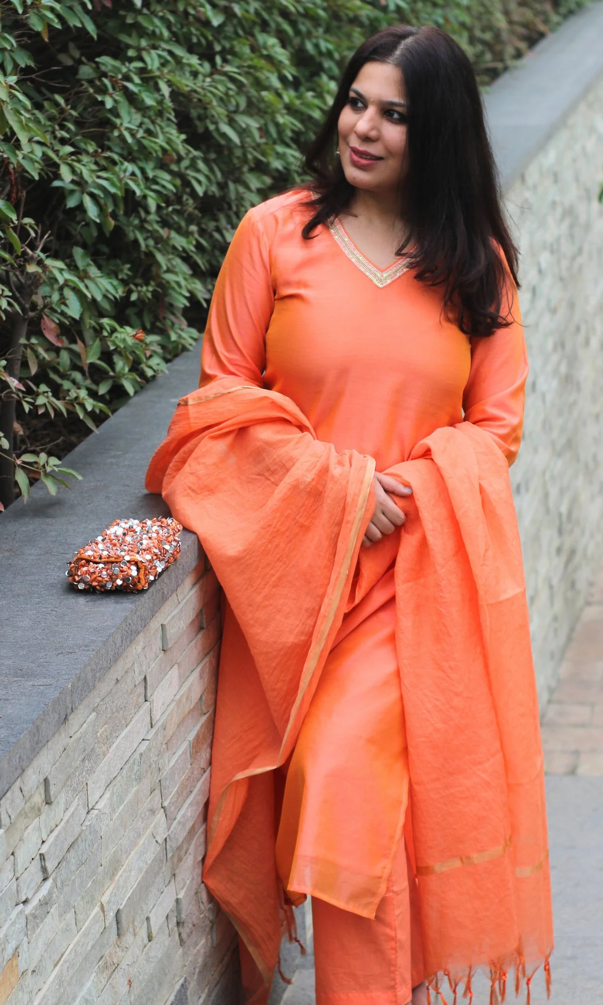 Chanderi Silk Orange Handbead and Sequin Work Kurta and Dupatta with Cotton Pants - Image 4