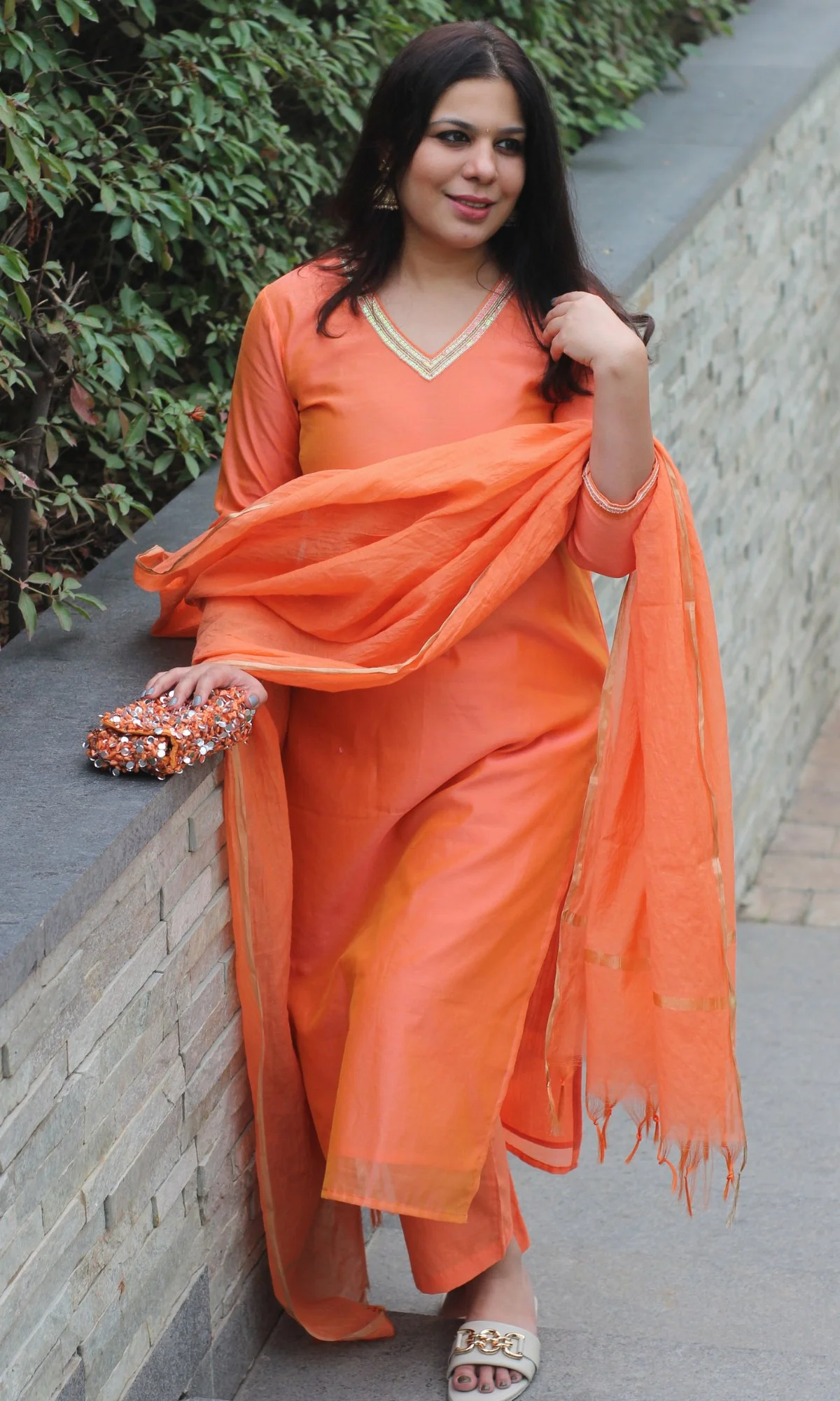 Chanderi Silk Orange Handbead and Sequin Work Kurta and Dupatta with Cotton Pants - Image 5