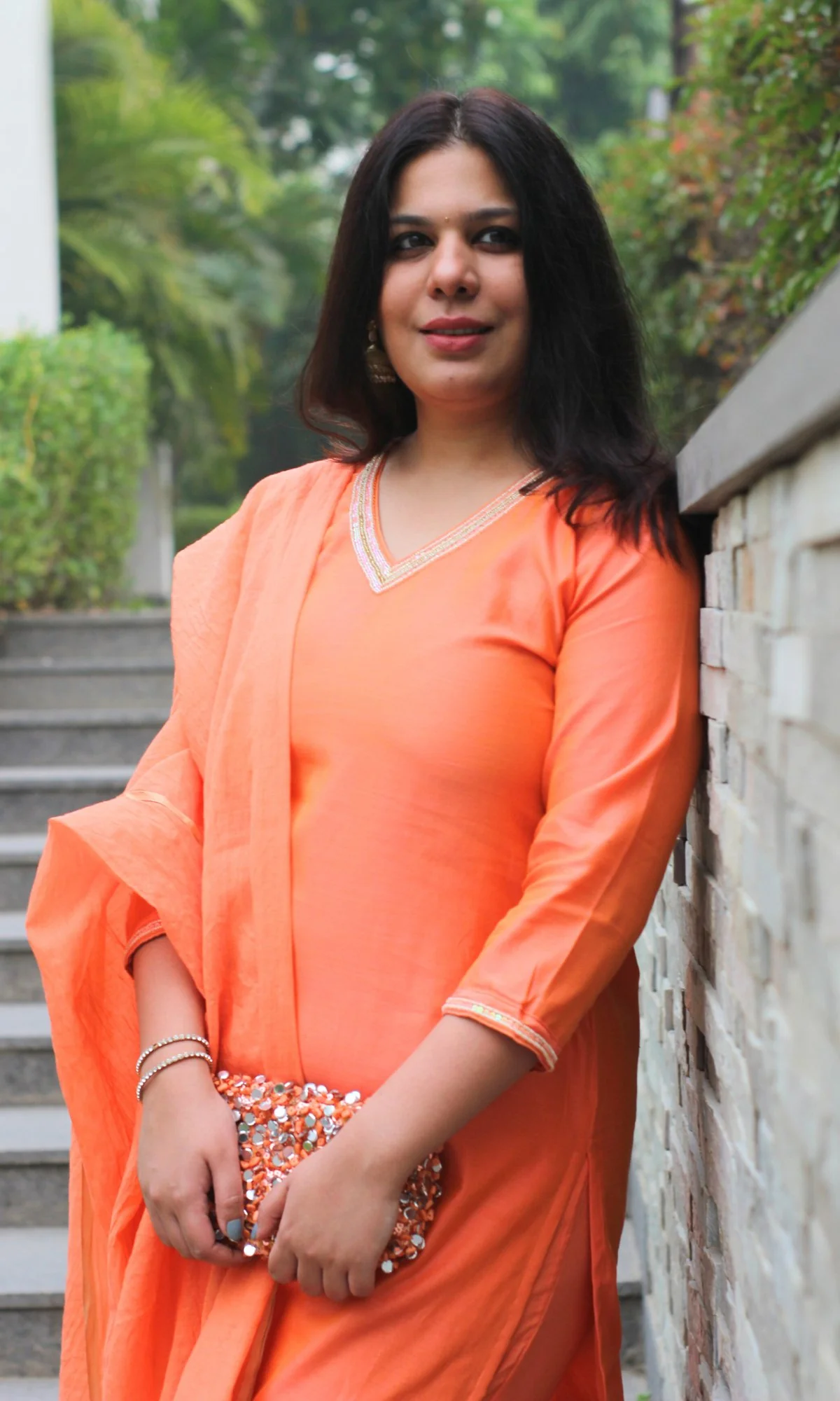 Chanderi Silk Orange Handbead and Sequin Work Kurta and Dupatta with Cotton Pants - Image 6