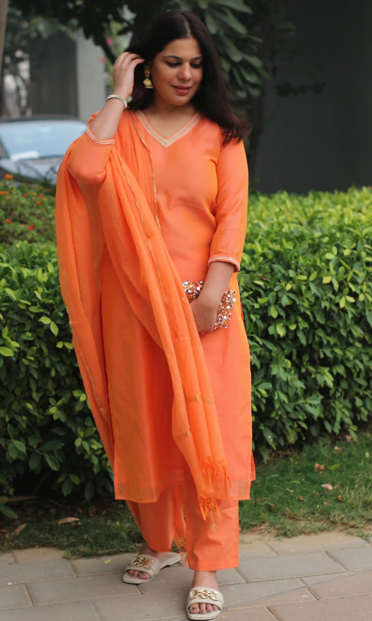 Chanderi Silk Orange Handbead and Sequin Work Kurta and Dupatta with Cotton Pants - Image 8