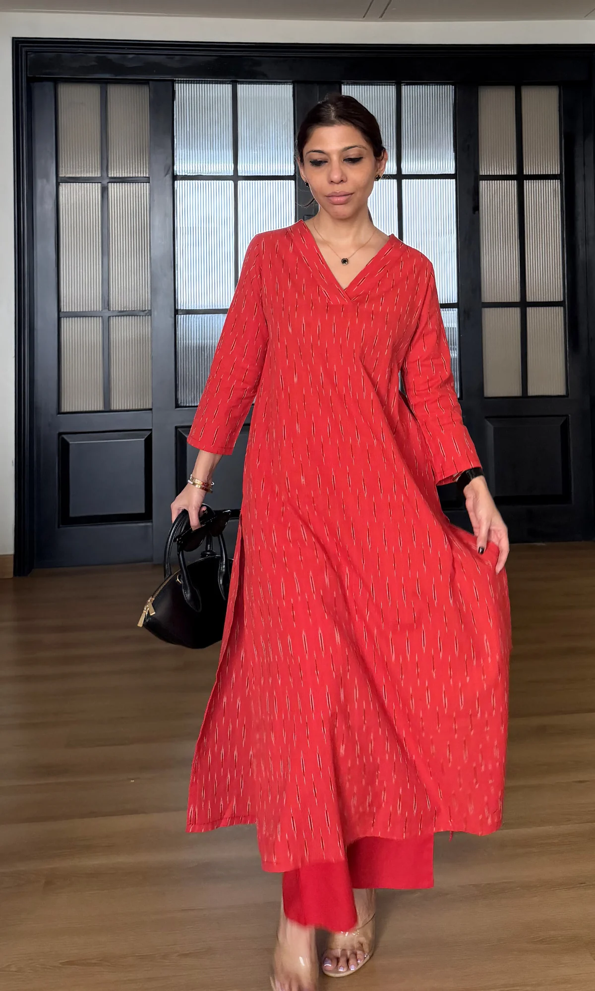 Cherry Red Ikat Kurta & Cotton Pants - Image 2