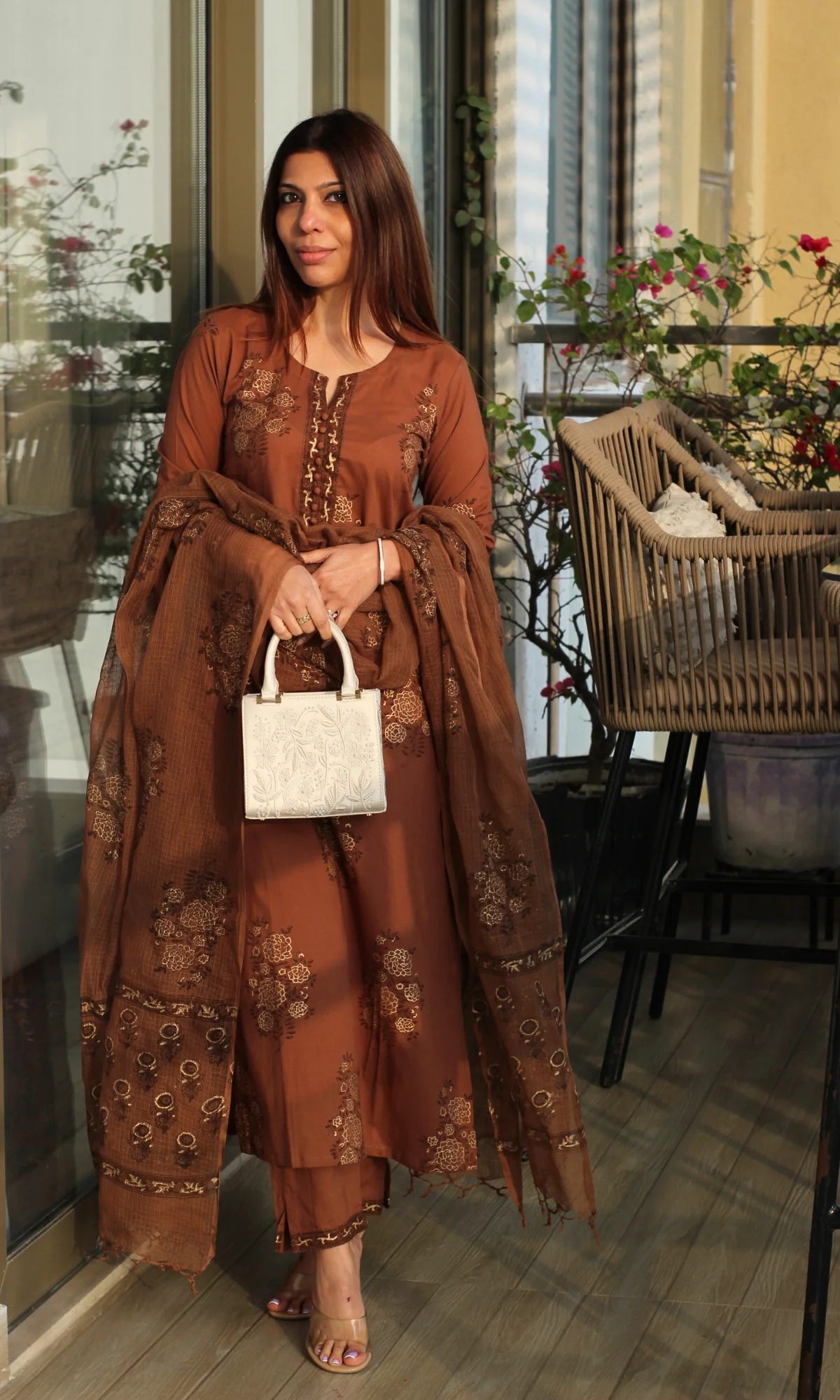 Cocoa Rangreza Gold Handblock Mughal Print Kurta, Cotton Pants & Kota Doria Dupatta