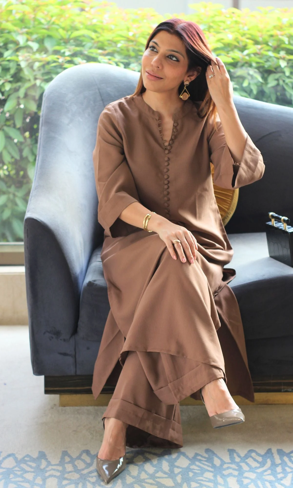 Coffee Brown Collared Buttoned Kurta with Pallazo Pants - Image 3