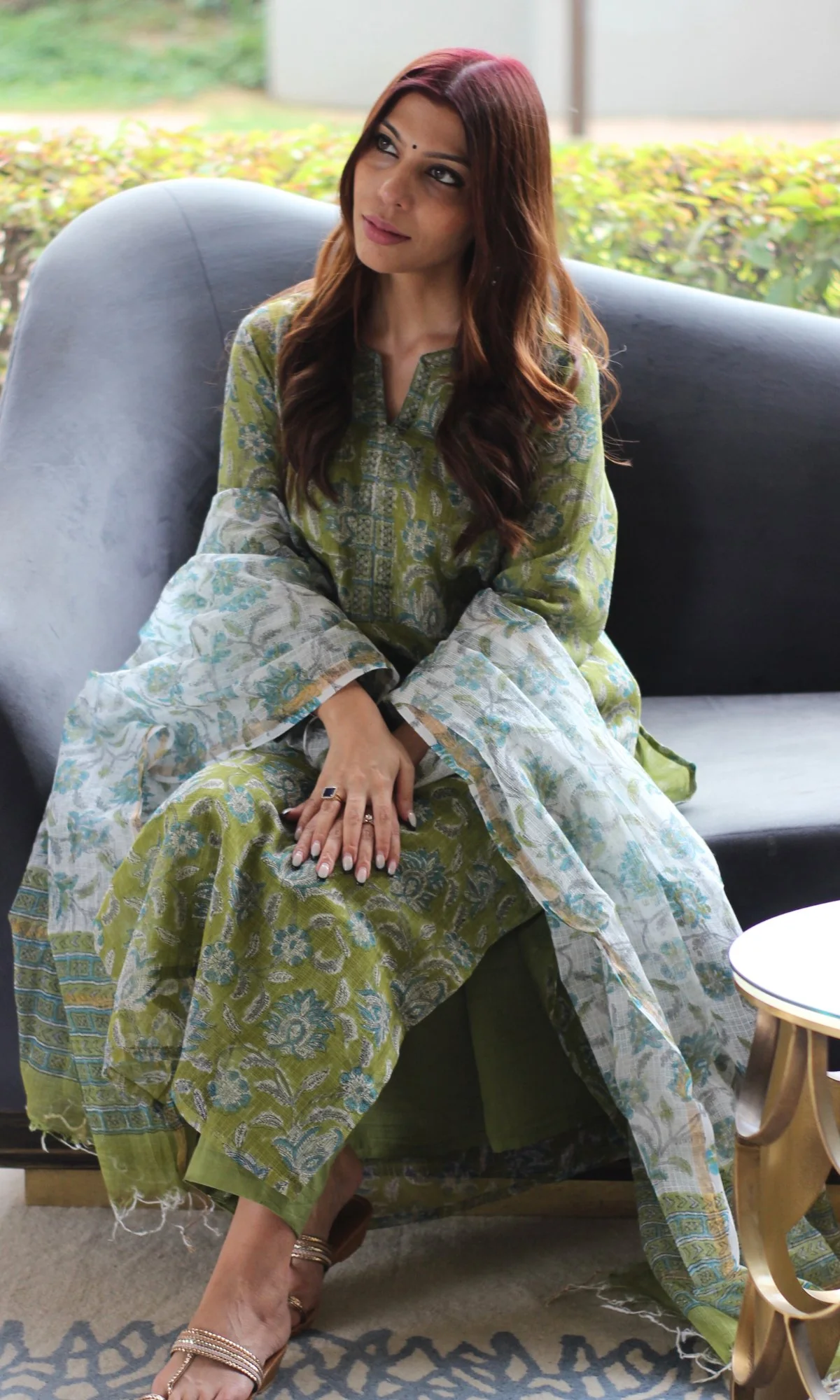 Kota Doria Handblock Light Green Suit Set with Kota Doria Dupatta - Image 6
