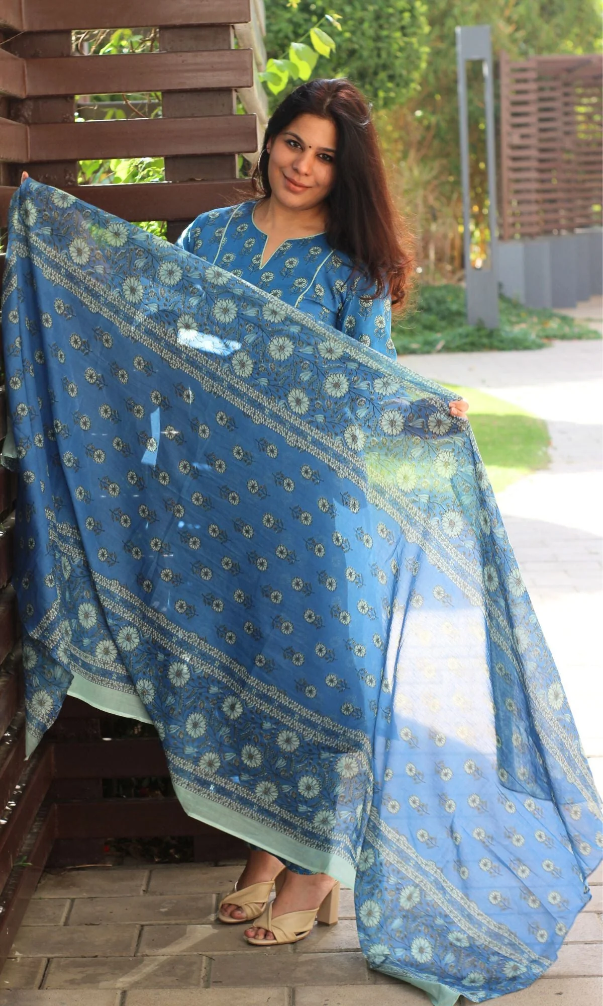 Cotton Block Print English Blue Suit Set with Printed Cotton Dupatta - Image 3