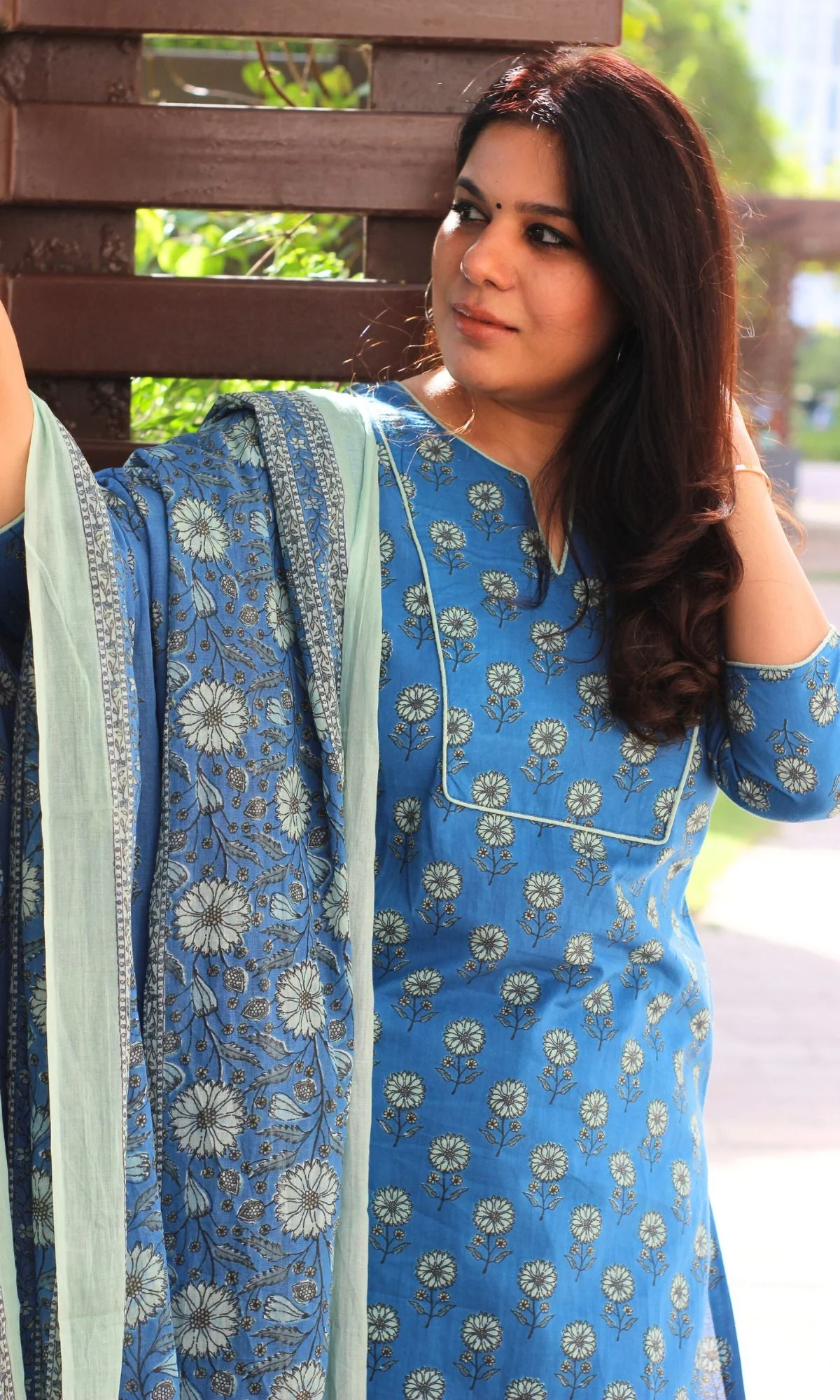 Cotton Block Print English Blue Suit Set with Printed Cotton Dupatta - Image 4
