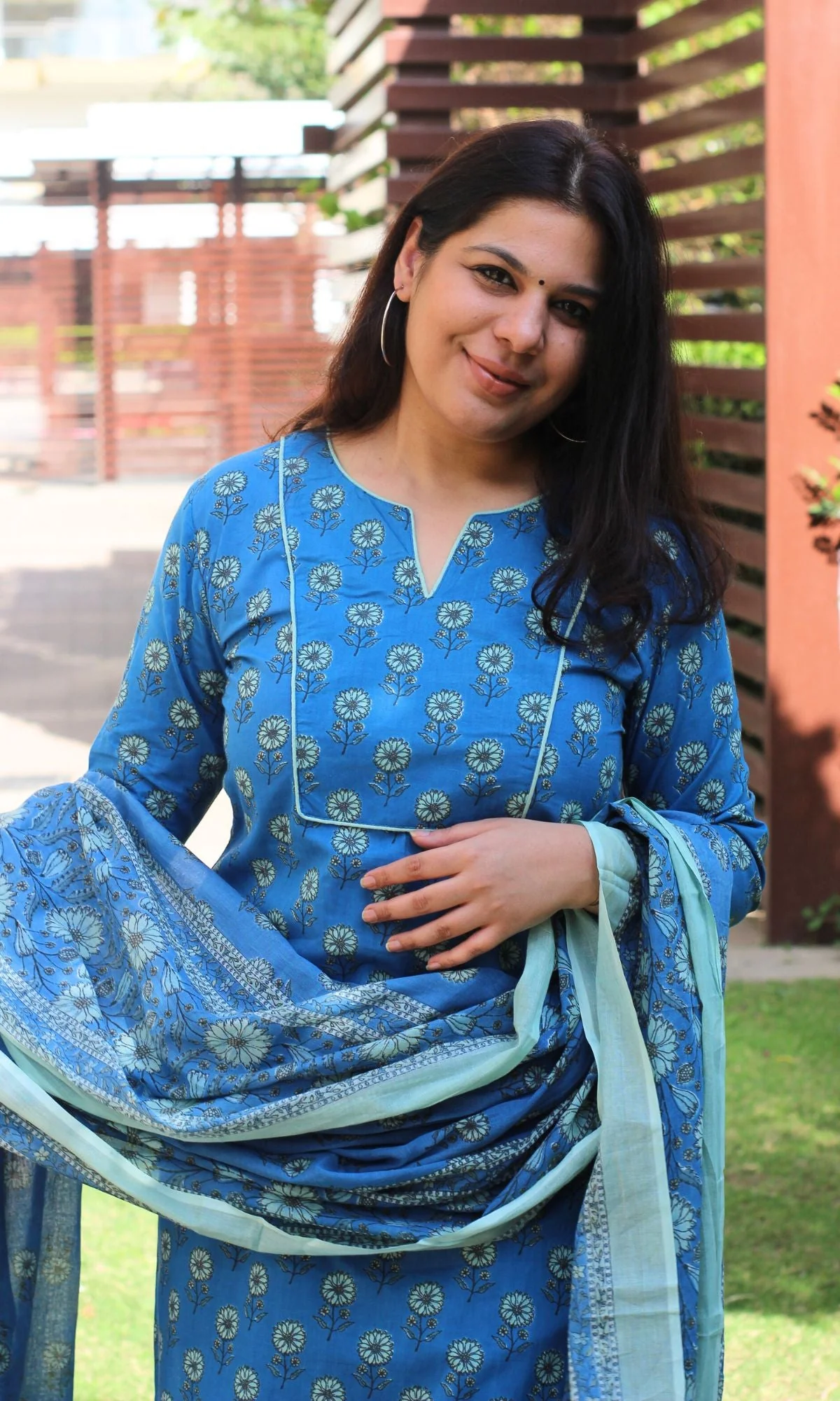 Cotton Block Print English Blue Suit Set with Printed Cotton Dupatta - Image 5
