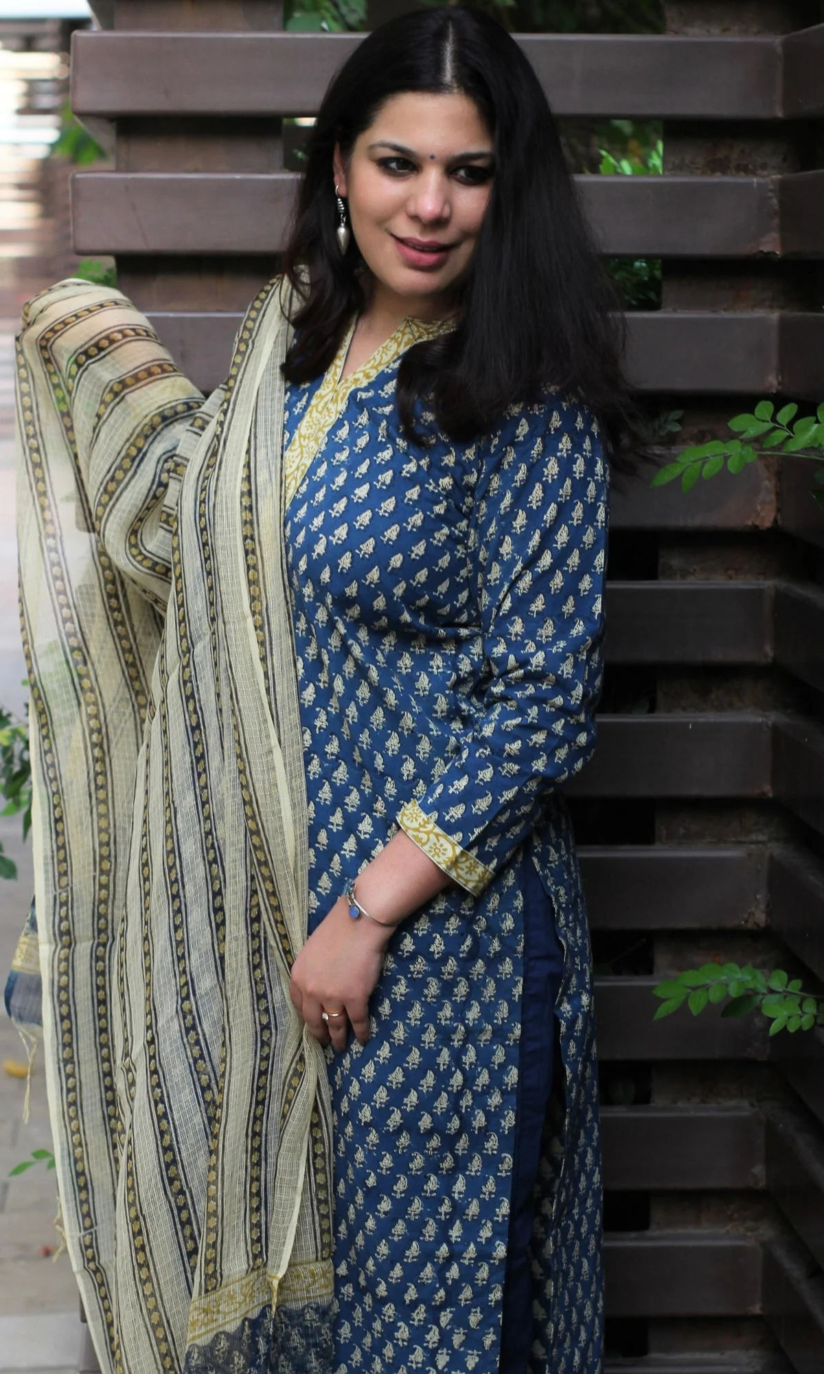 Cotton Handblock Indigo Suit Set with Kota Doria Dupatta - Image 3