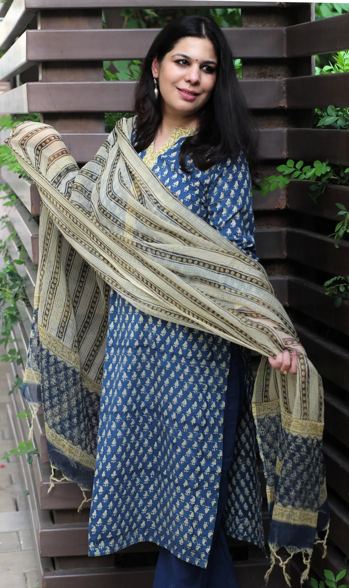 Cotton Handblock Indigo Suit Set with Kota Doria Dupatta - Image 4