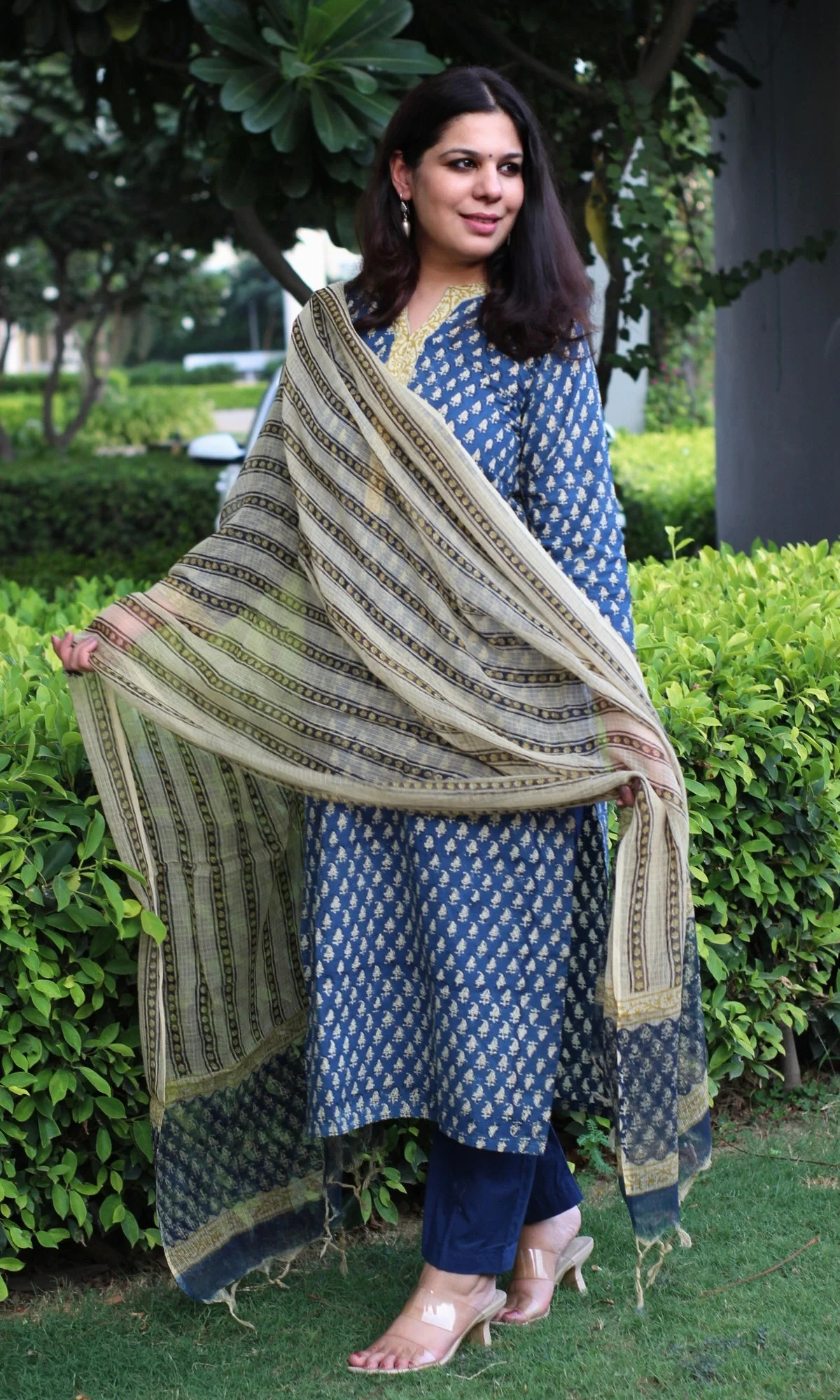 Cotton Handblock Indigo Suit Set with Kota Doria Dupatta - Image 5