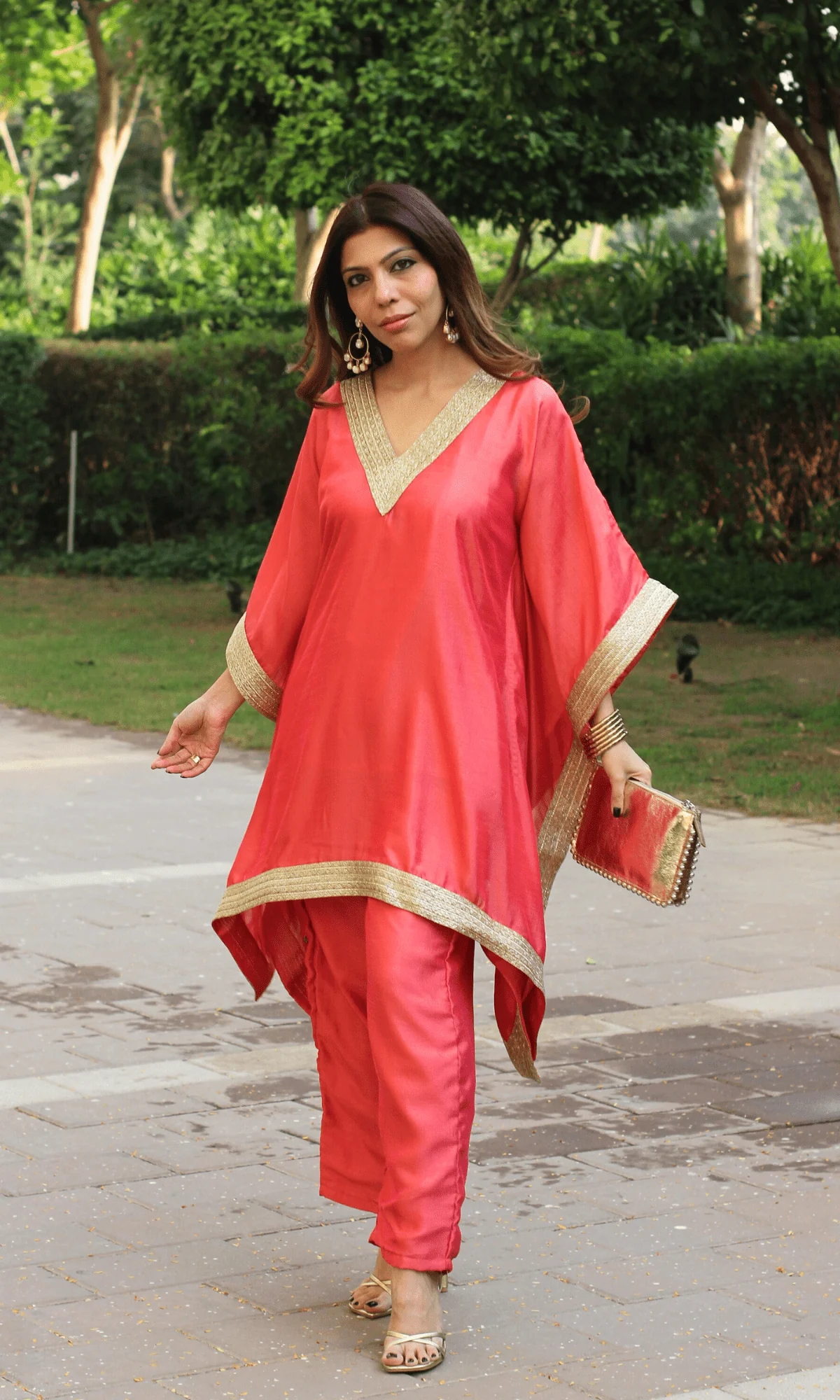 Coral Gold Laced Kaftan Set - Image 4