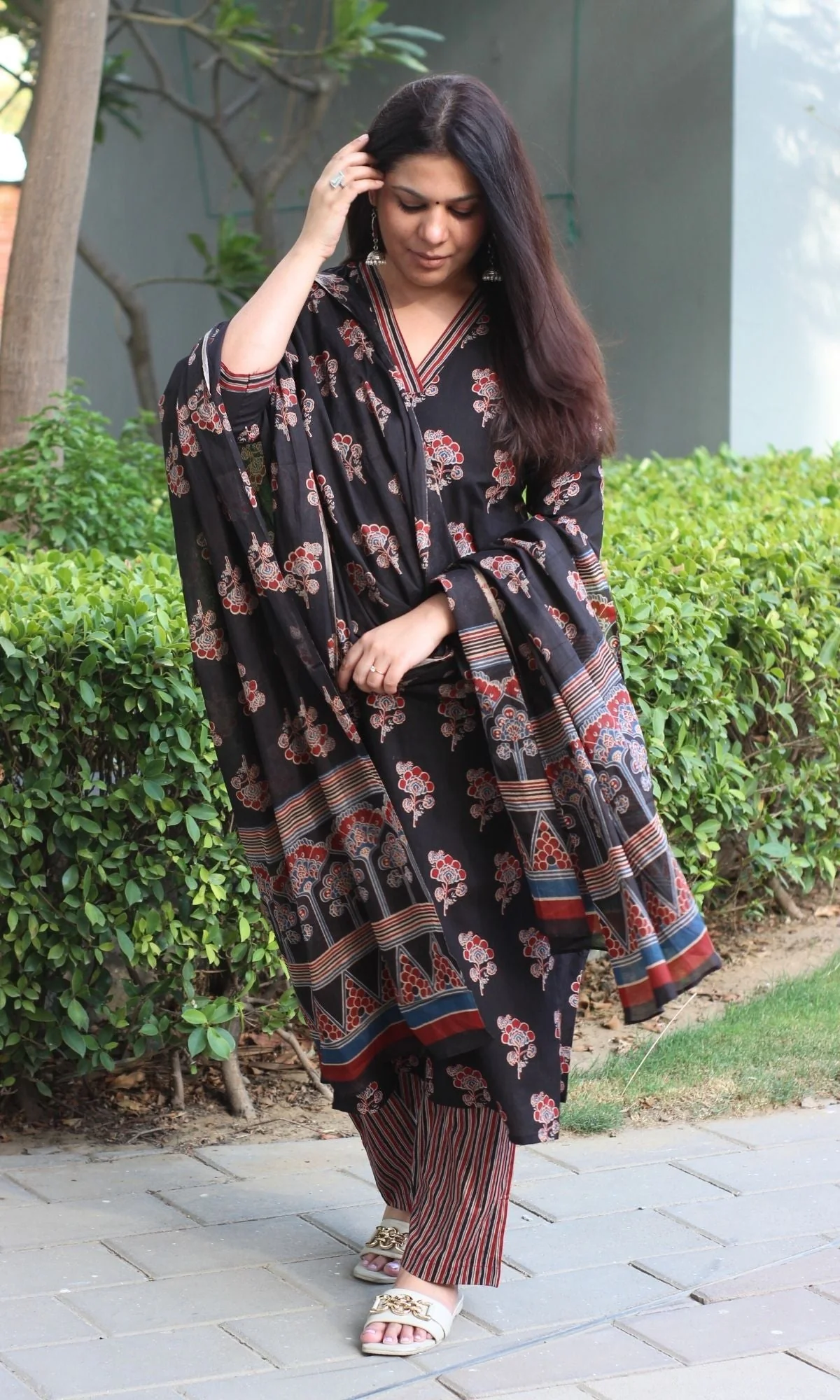 Cotton Ajrakh Print Black Suit Set with Printed Cotton Dupatta - Image 6
