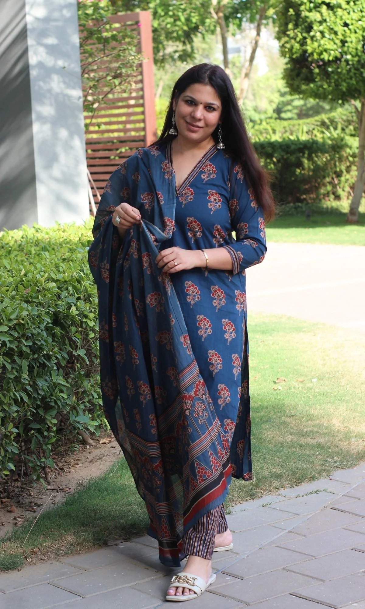 Cotton Ajrakh Print Blue Suit Set with Printed Cotton Dupatta - Image 2