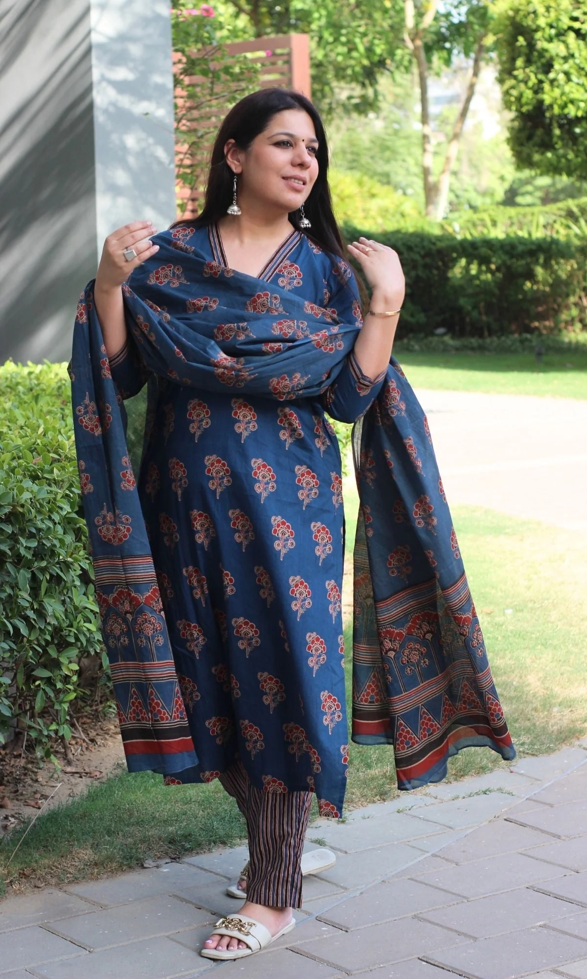 Cotton Ajrakh Print Blue Suit Set with Printed Cotton Dupatta - Image 5