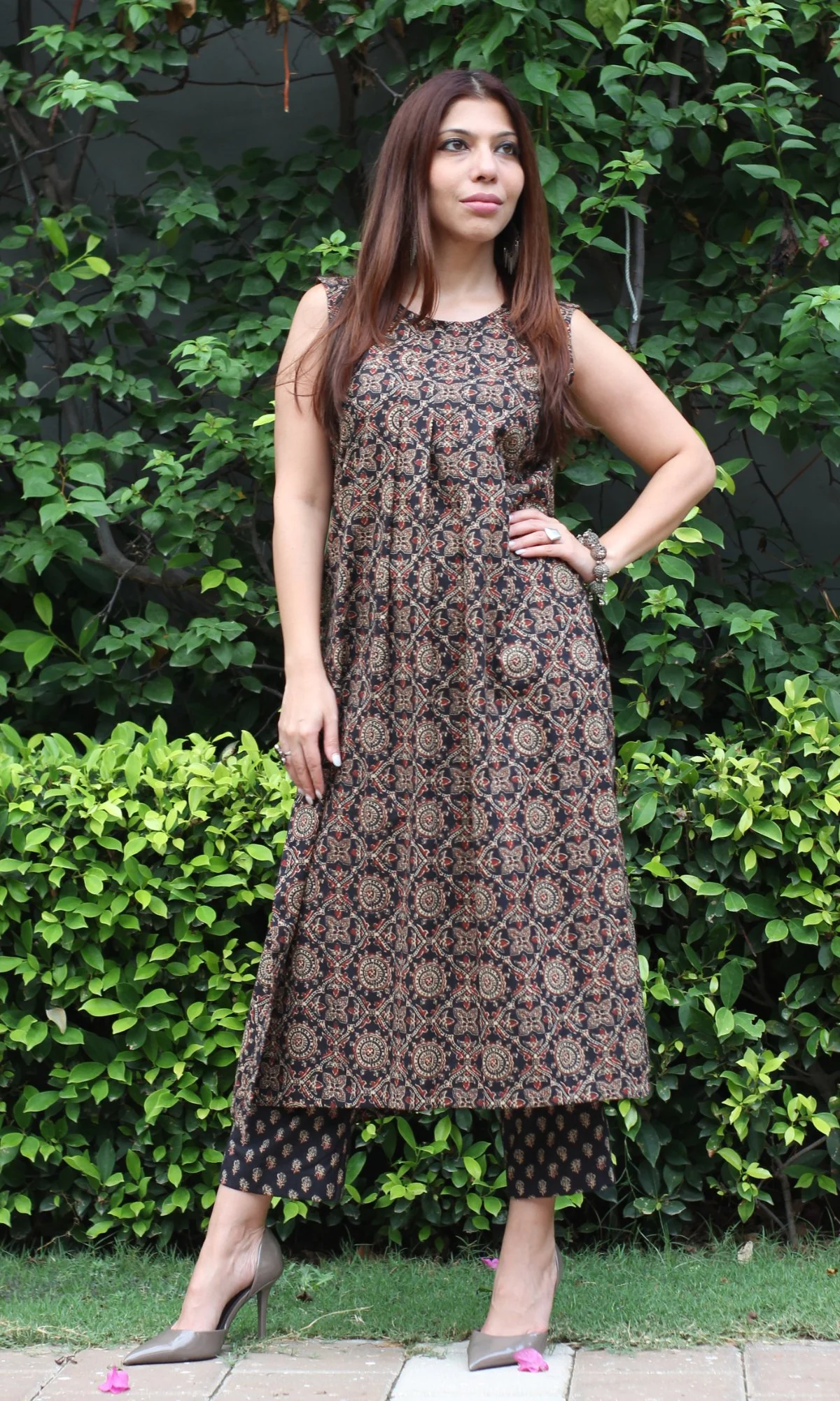 Cotton Ajrakh Print Black High Slit Kurta and Pants Set - Image 9