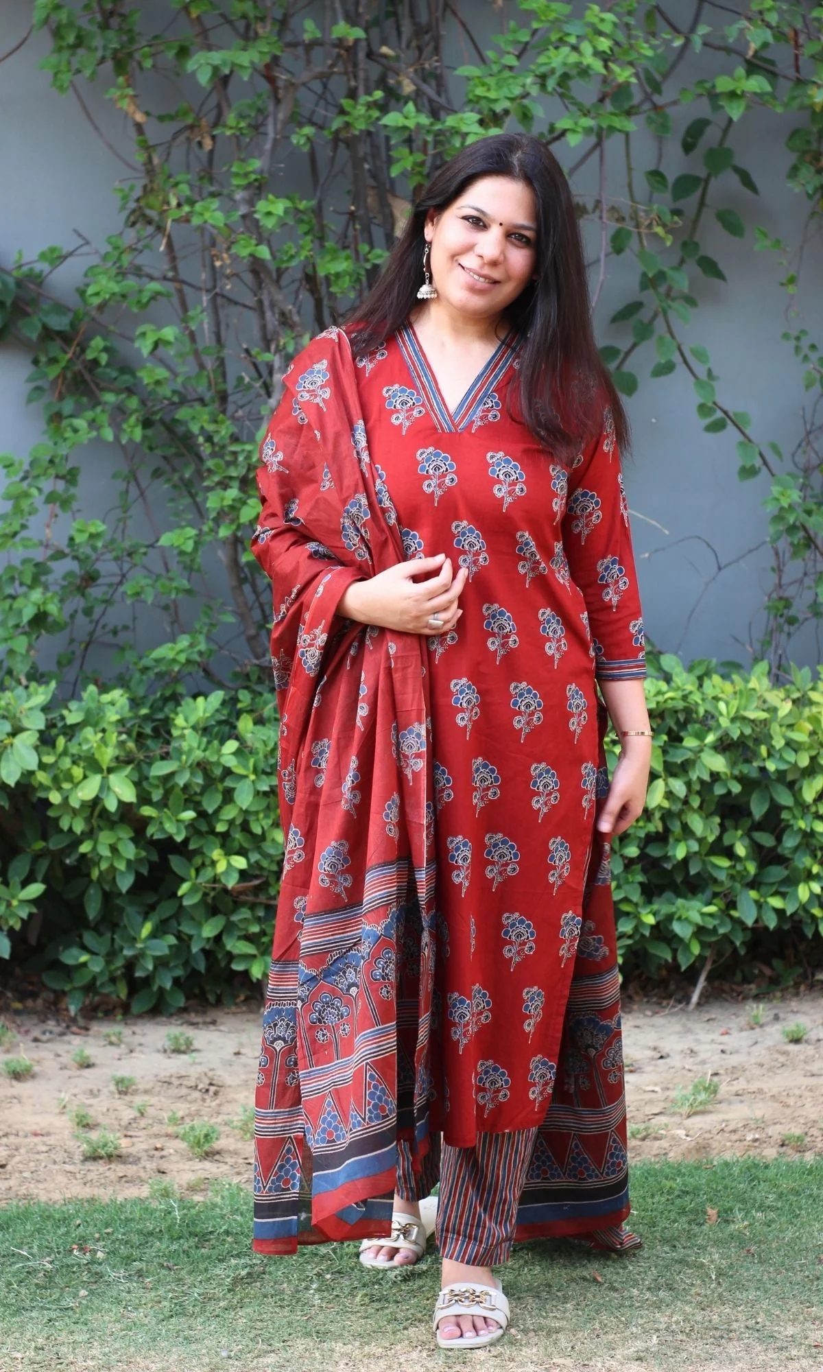 Cotton Ajrakh Print Red Suit Set with Printed Cotton Dupatta - Image 4