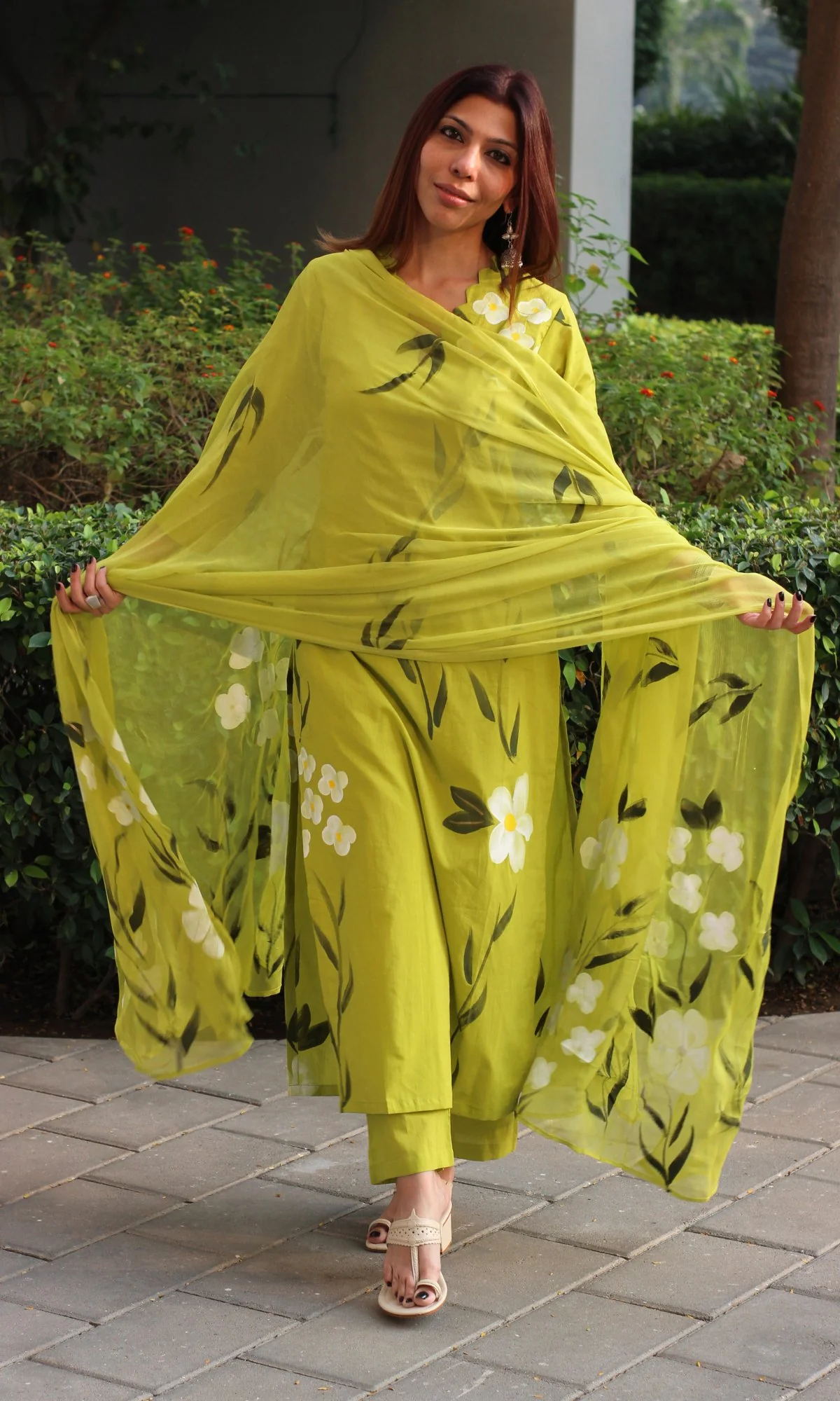 Cotton Alge Green Handbrush Painted Suit with Chiffon Handpainted Dupatta - Image 2