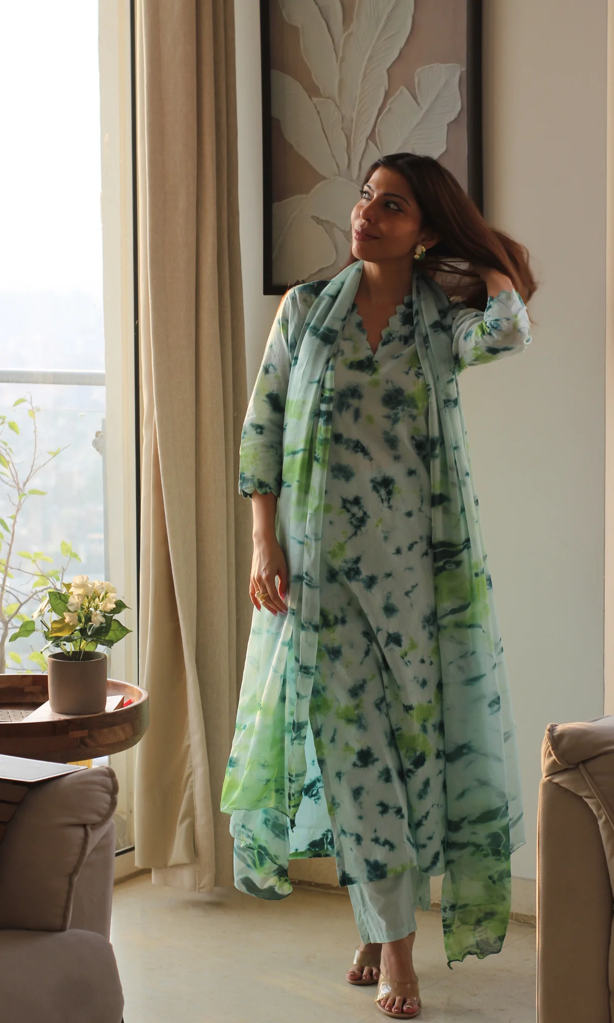 Cotton Aqua Green African Shibori Kurta, Chiffon Dupatta & Cotton Pants - Image 6