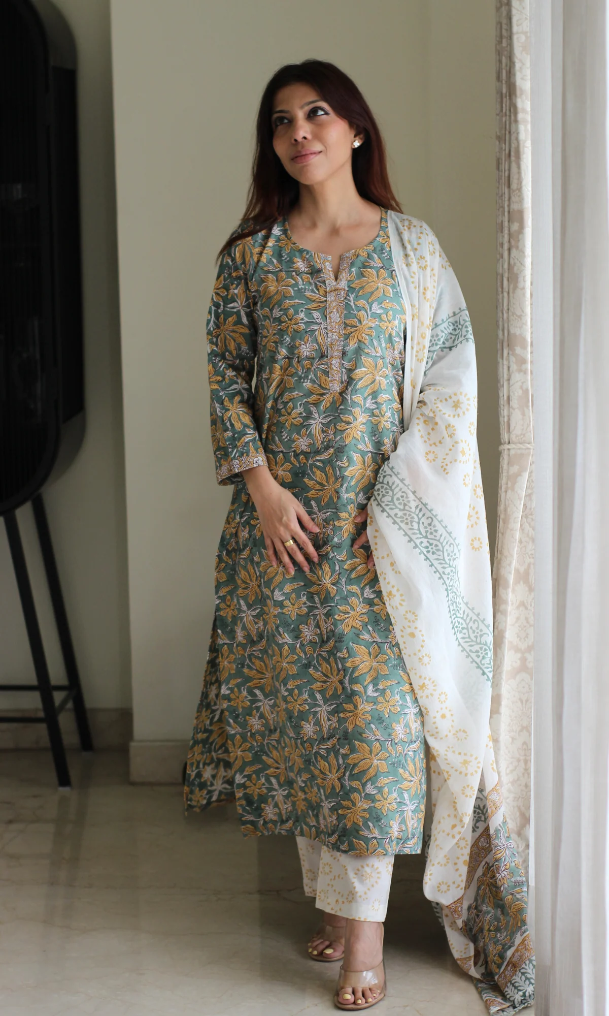 Cotton Bamboo Green Handblock Print Kurta, Pant and Mul Dupatta - Image 2