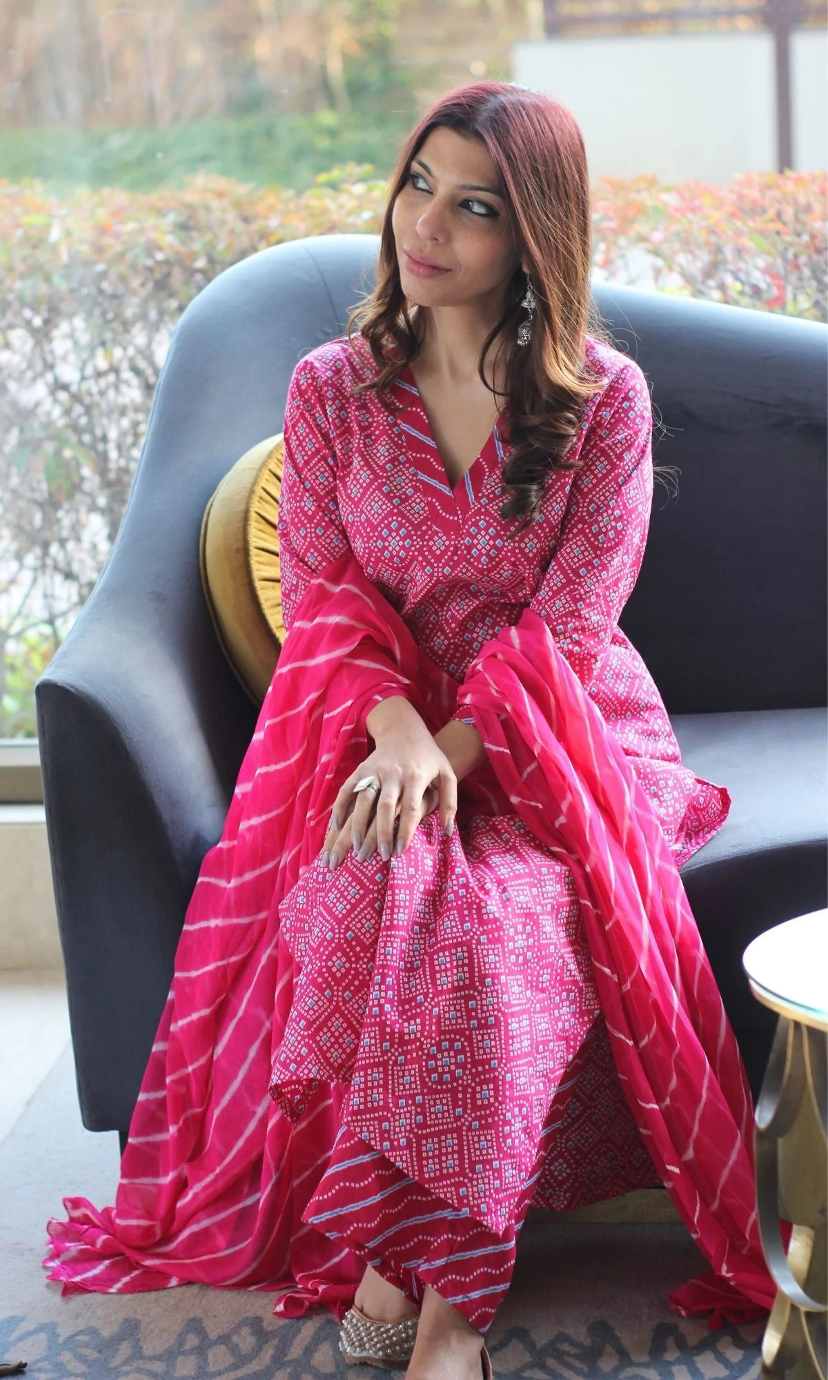 Cotton Bandhani Print Hot Pink Suit Set with Printed Chiffon Dupatta - Image 3