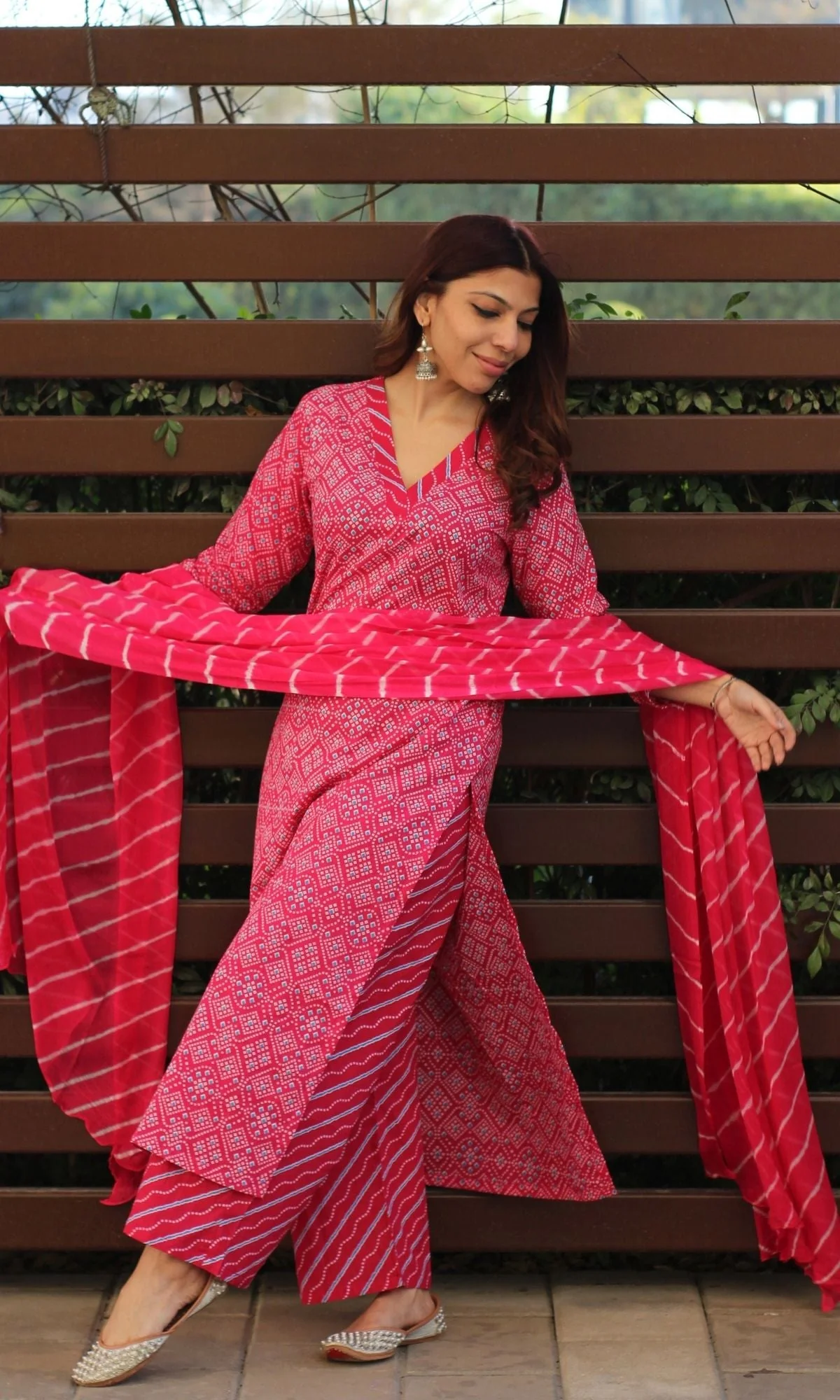 Cotton Bandhani Print Hot Pink Suit Set with Printed Chiffon Dupatta - Image 4