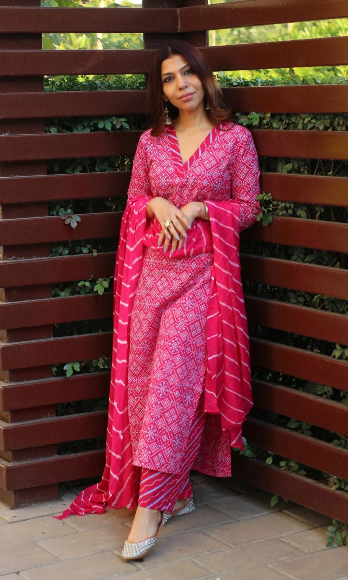 Cotton Bandhani Print Hot Pink Suit Set with Printed Chiffon Dupatta - Image 6